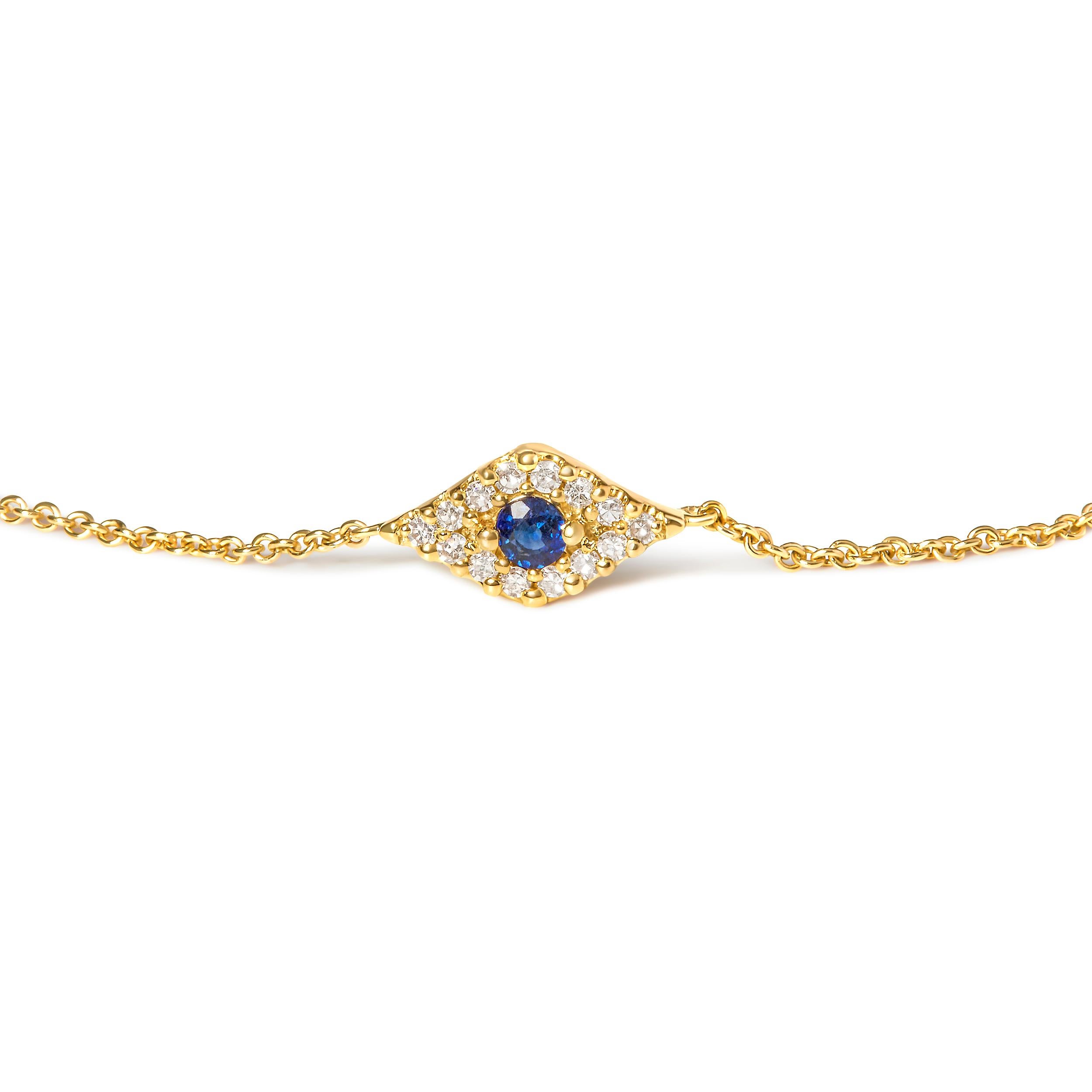 Introducing a captivating masterpiece that will mesmerize onlookers and add a touch of enchantment to your ensemble. Crafted with exquisite artistry, this 10K Yellow Gold Blue Sapphire and Diamond Accent Evil Eye Station Link Bracelet is a true