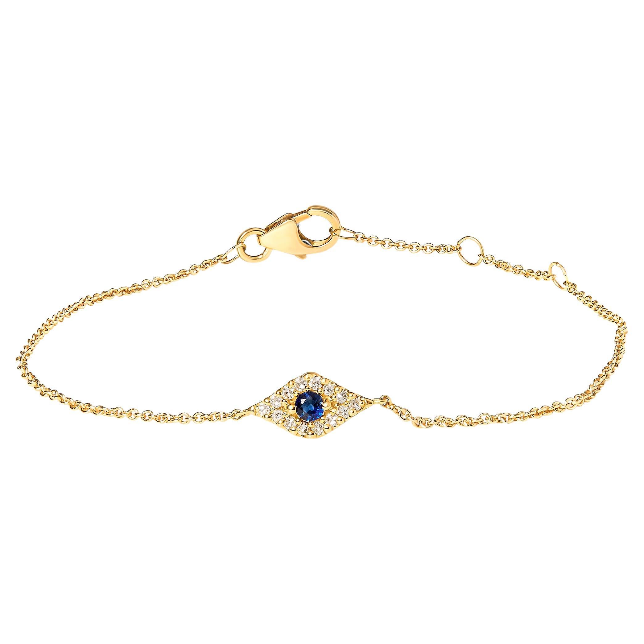 10K Yellow Gold Blue Sapphire and Diamond Accent Evil Eye Station Link Bracelet For Sale