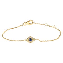 10K Yellow Gold Blue Sapphire and Diamond Accent Evil Eye Station Link Bracelet