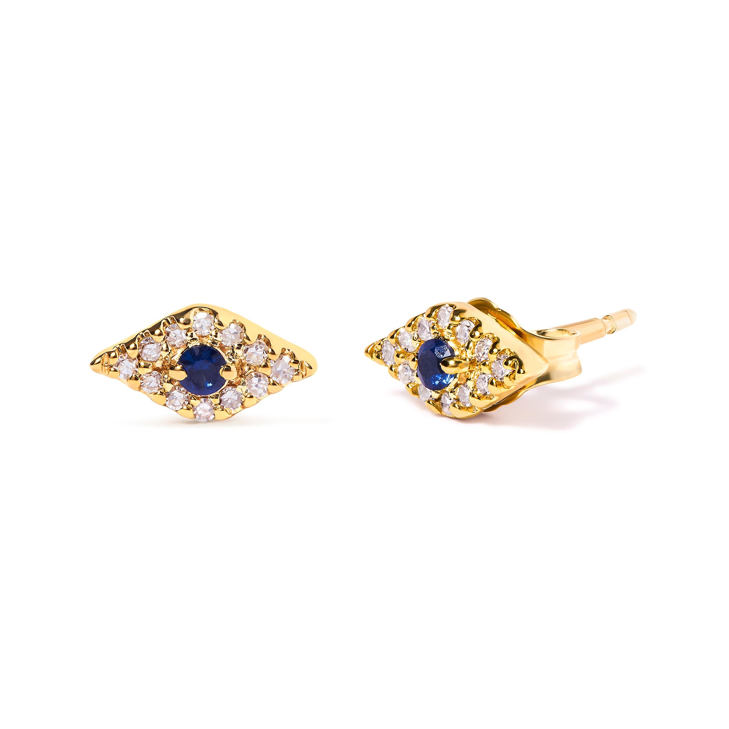 Introducing a mesmerizing piece that will captivate all who lay eyes on it. Behold the 10K Yellow Gold Evil Eye Stud Earring, adorned with a stunning Blue Sapphire and Diamond Accent. Crafted with exquisite attention to detail, this earring is a