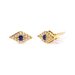10K Yellow Gold Blue Sapphire and Diamond Accent Evil Eye Stud Earring