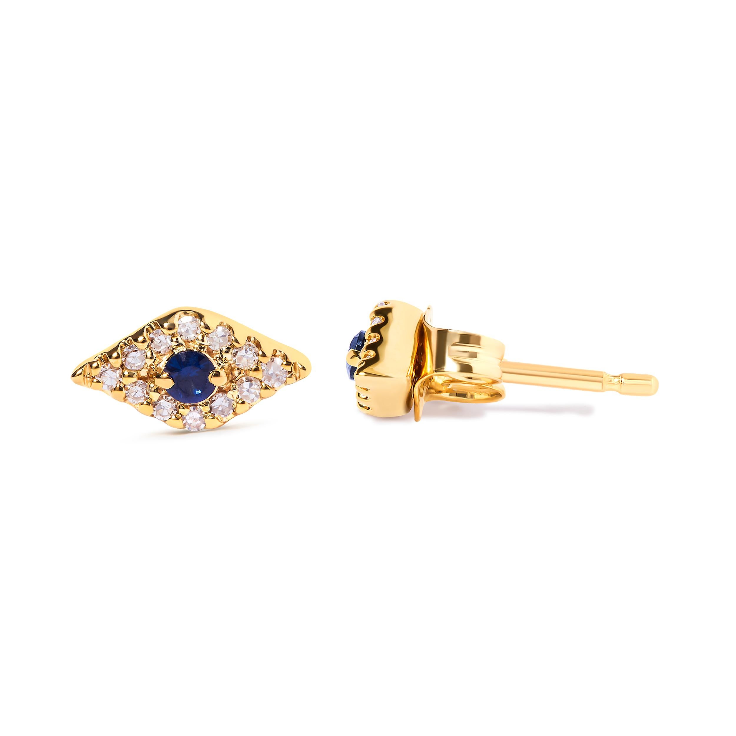 Contemporary 10K Yellow Gold Blue Sapphire and Diamond Accent Evil Eye Stud Earring For Sale