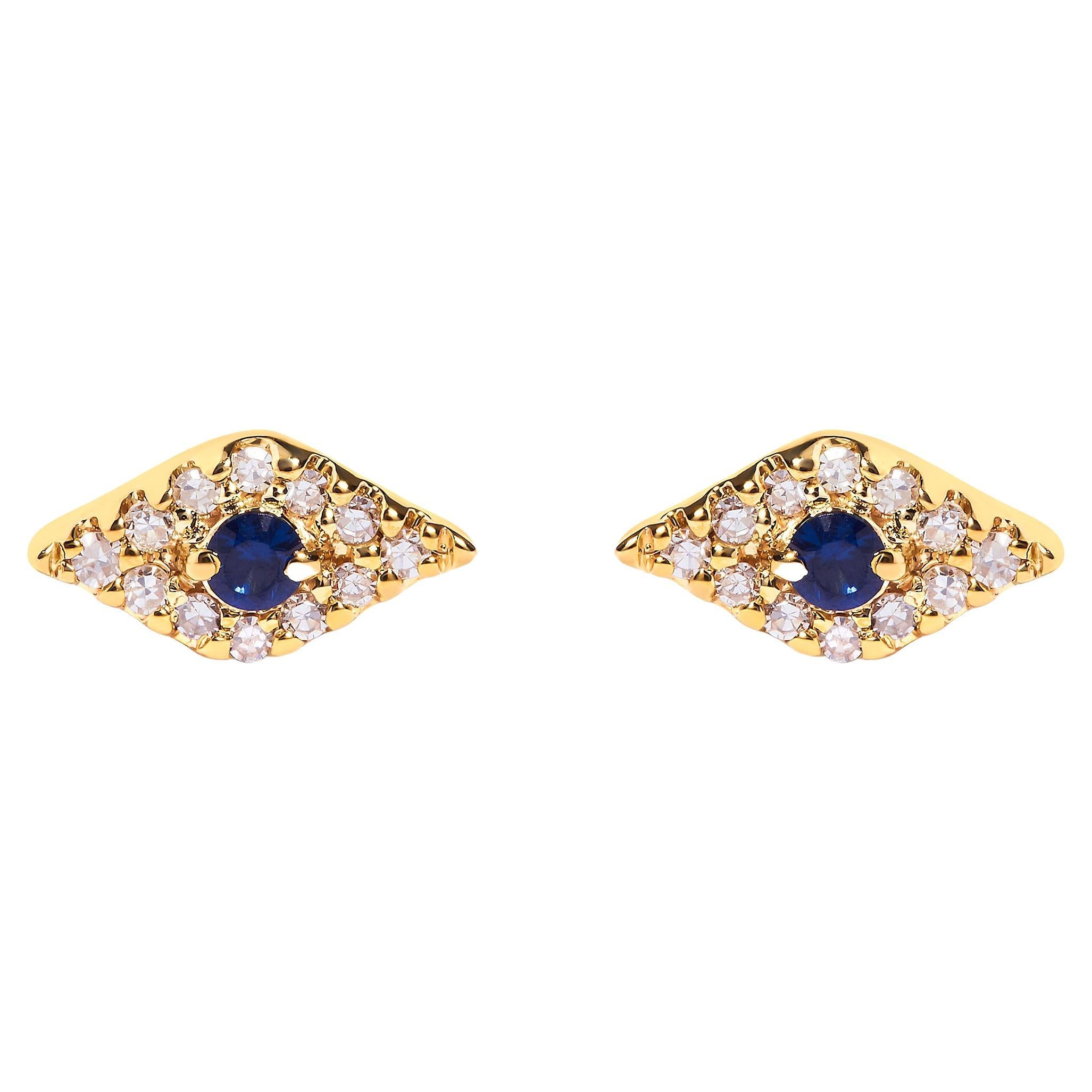 10K Yellow Gold Blue Sapphire and Diamond Accent Evil Eye Stud Earring For Sale