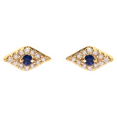 10K Yellow Gold Blue Sapphire and Diamond Accent Evil Eye Stud Earring