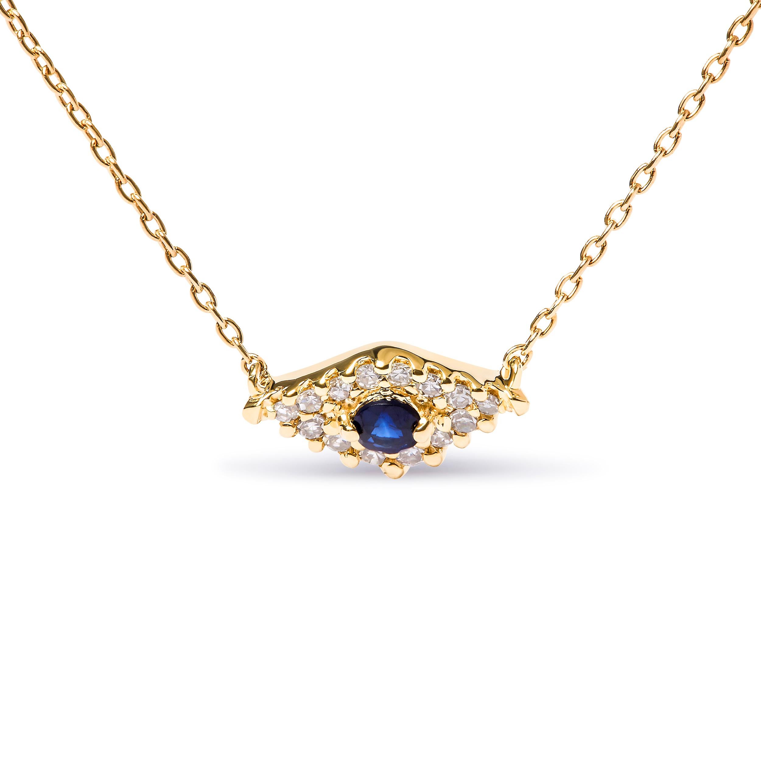 Introducing a mesmerizing masterpiece, this 10K Yellow Gold Evil Eye Pendant Necklace is a symbol of protection and beauty. Crafted with exquisite attention to detail, it features a captivating blue sapphire at its center, surrounded by 15 dazzling