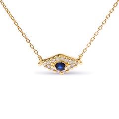 10K Yellow Gold Blue Sapphire and Diamond Accented Evil Eye Pendant Necklace