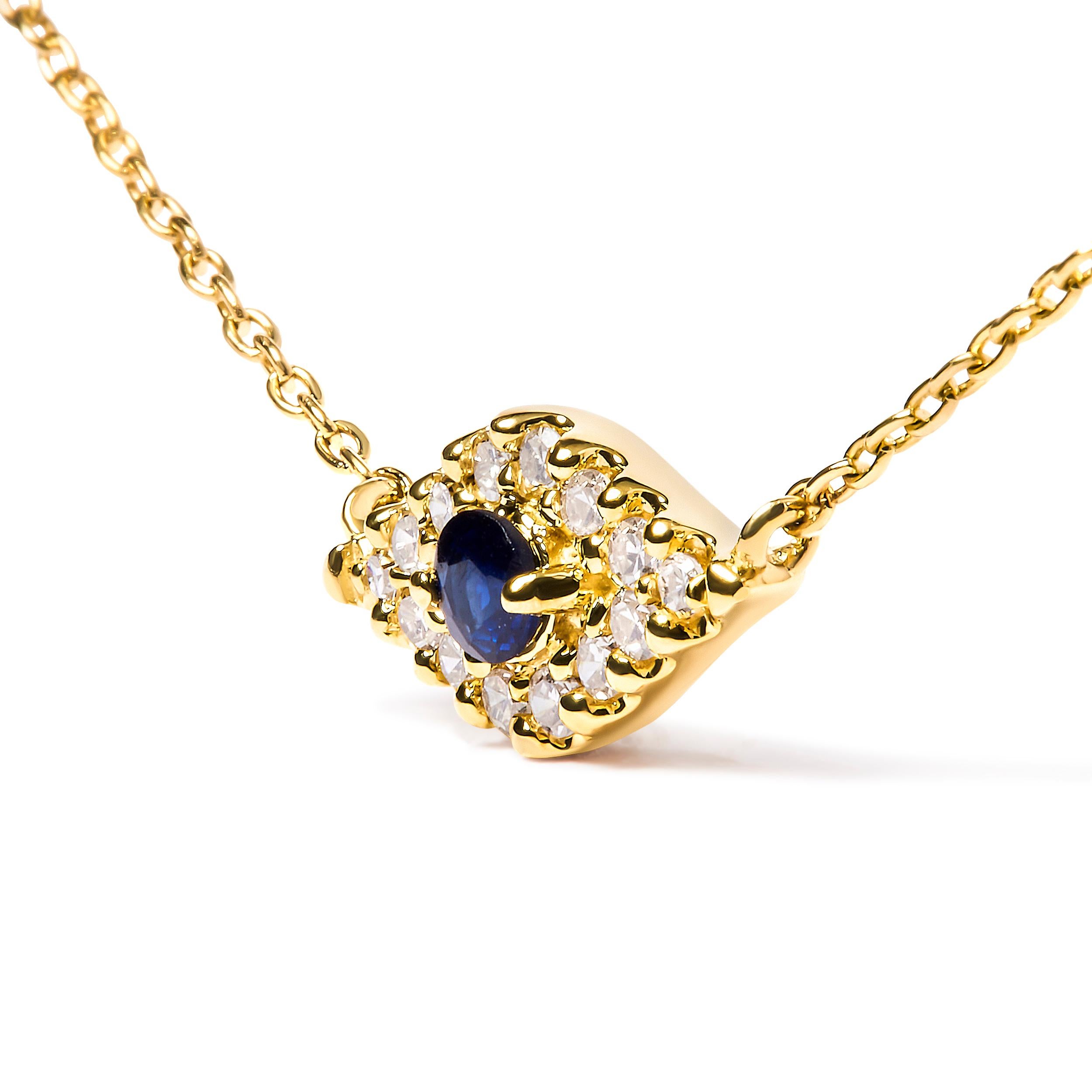 Contemporary 10K Yellow Gold Blue Sapphire and Diamond Accented Evil Eye Pendant Necklace For Sale