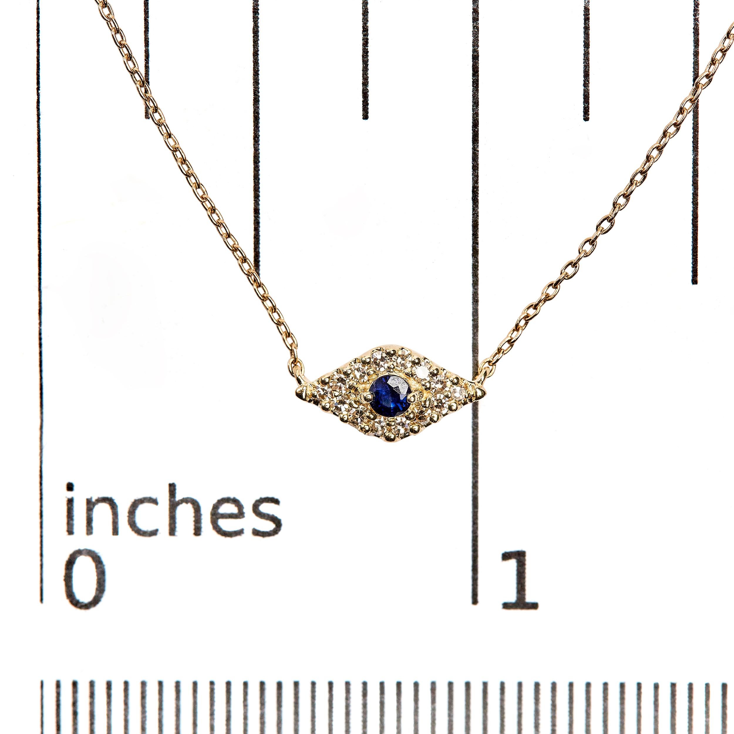 Round Cut 10K Yellow Gold Blue Sapphire and Diamond Accented Evil Eye Pendant Necklace For Sale
