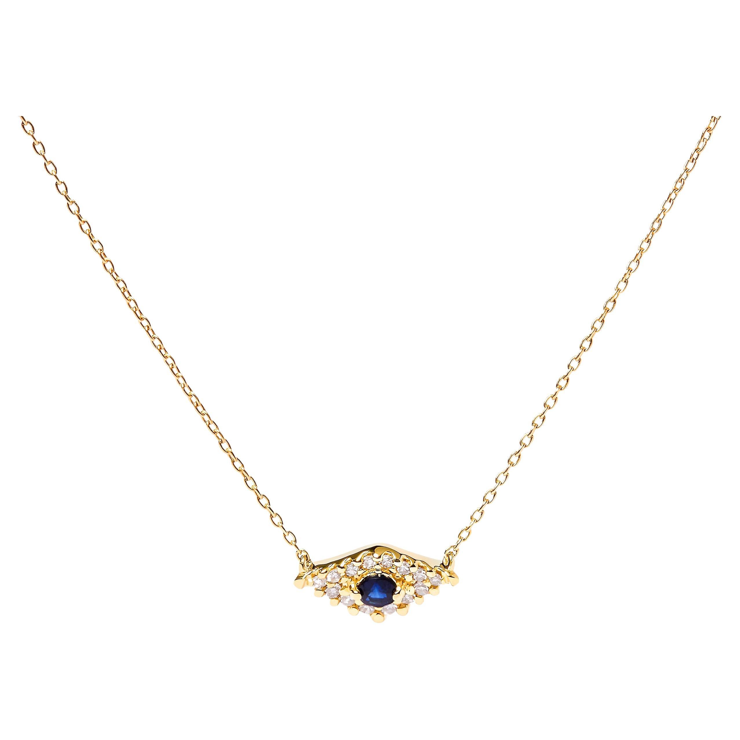 10K Yellow Gold Blue Sapphire and Diamond Accented Evil Eye Pendant Necklace For Sale