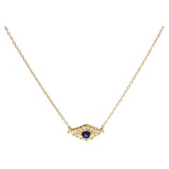 10K Yellow Gold Blue Sapphire and Diamond Accented Evil Eye Pendant Necklace