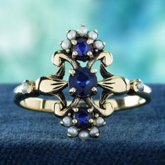 9K Yellow Gold Blue Sapphire and Pearl Vintage Style Floral Ring