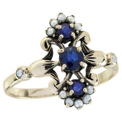10K Gelbgold Blauer Saphir und Perle Vintage Style Floral Ring