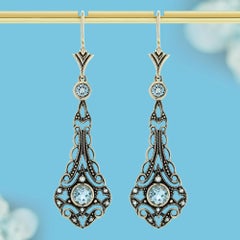 9K Yellow Gold Blue Topaz and Pearl Vintage Style Filigree Drop Earrings