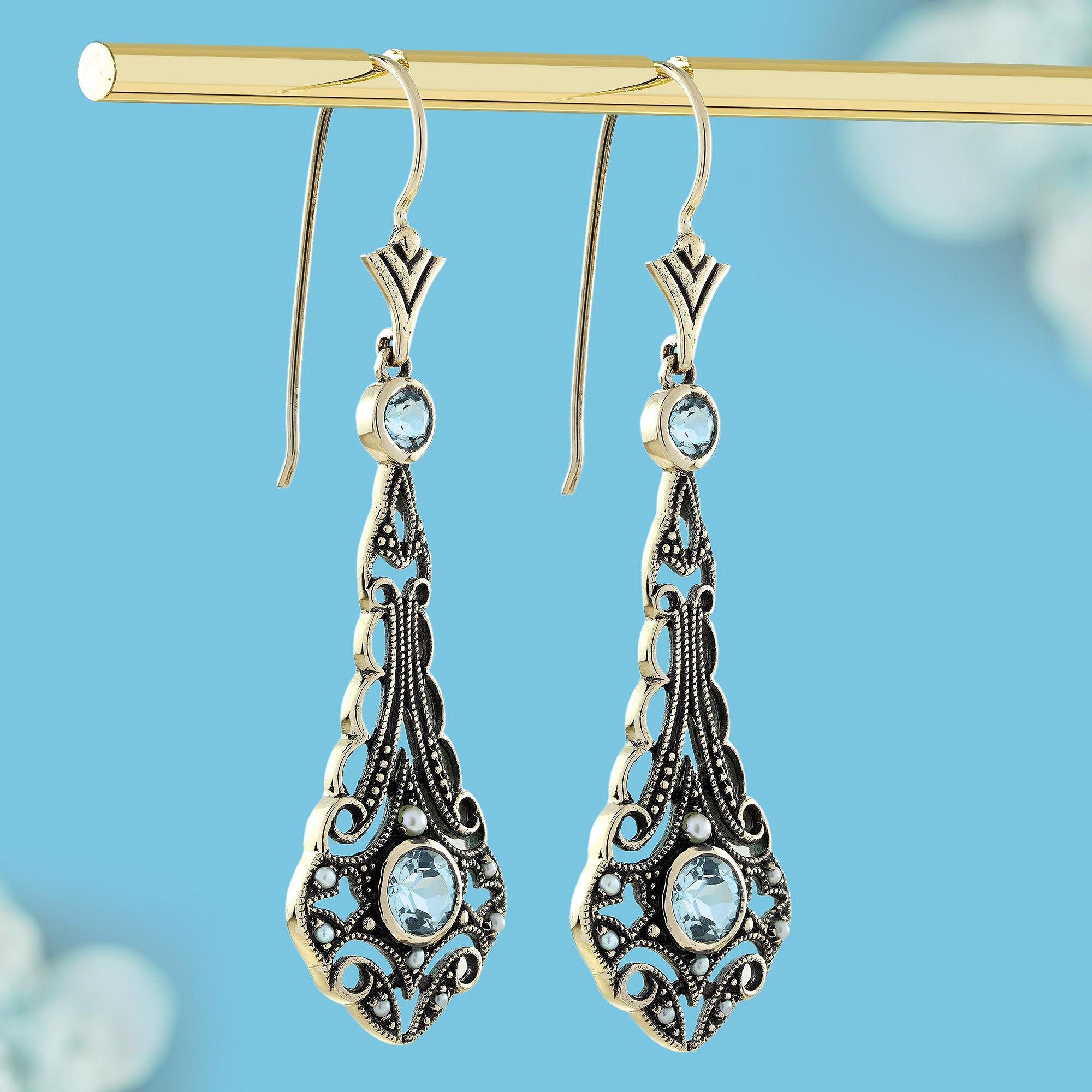 Edwardian 9K Yellow Gold Blue Topaz and Pearl Vintage Style Filigree Drop Earrings For Sale