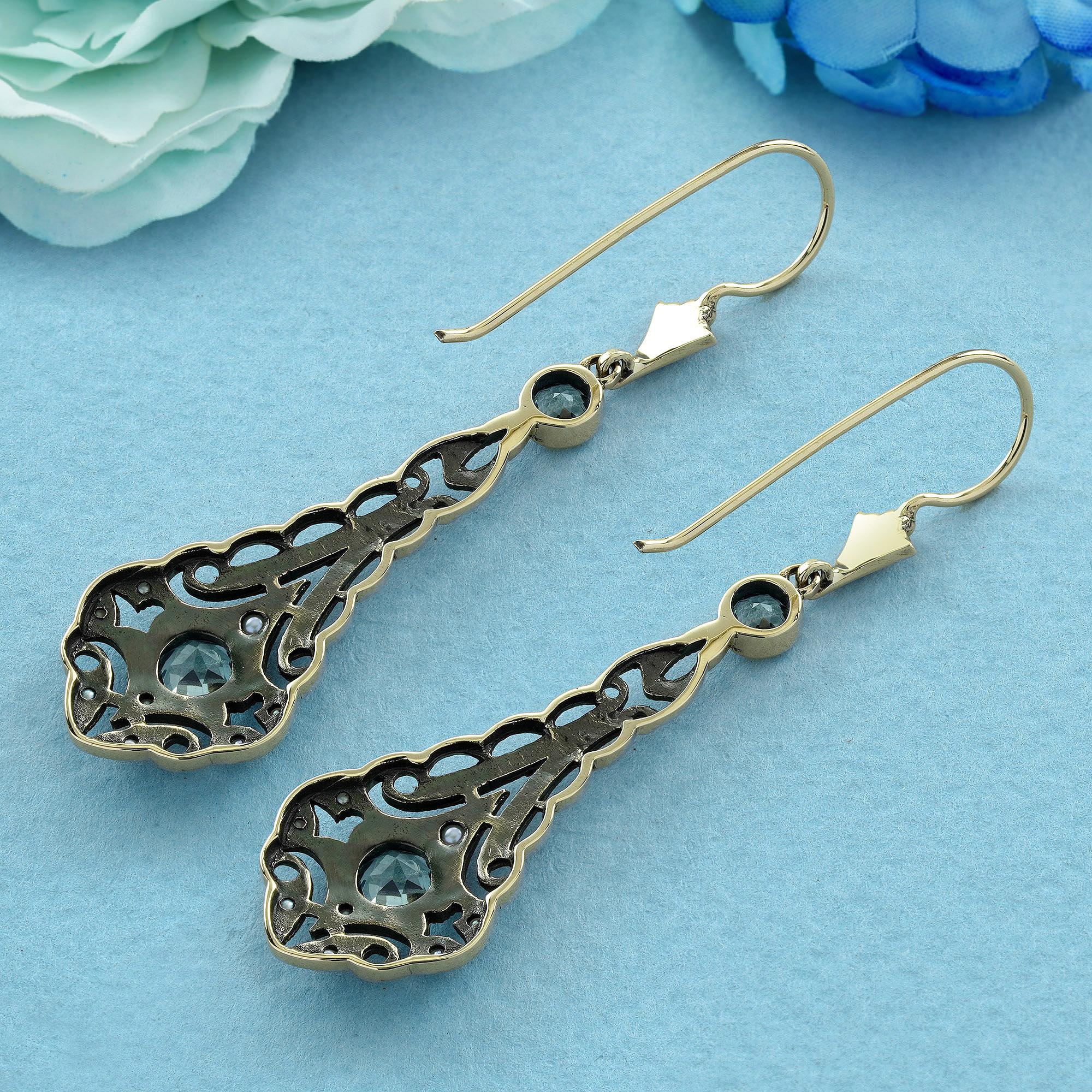 Round Cut 9K Yellow Gold Blue Topaz and Pearl Vintage Style Filigree Drop Earrings For Sale
