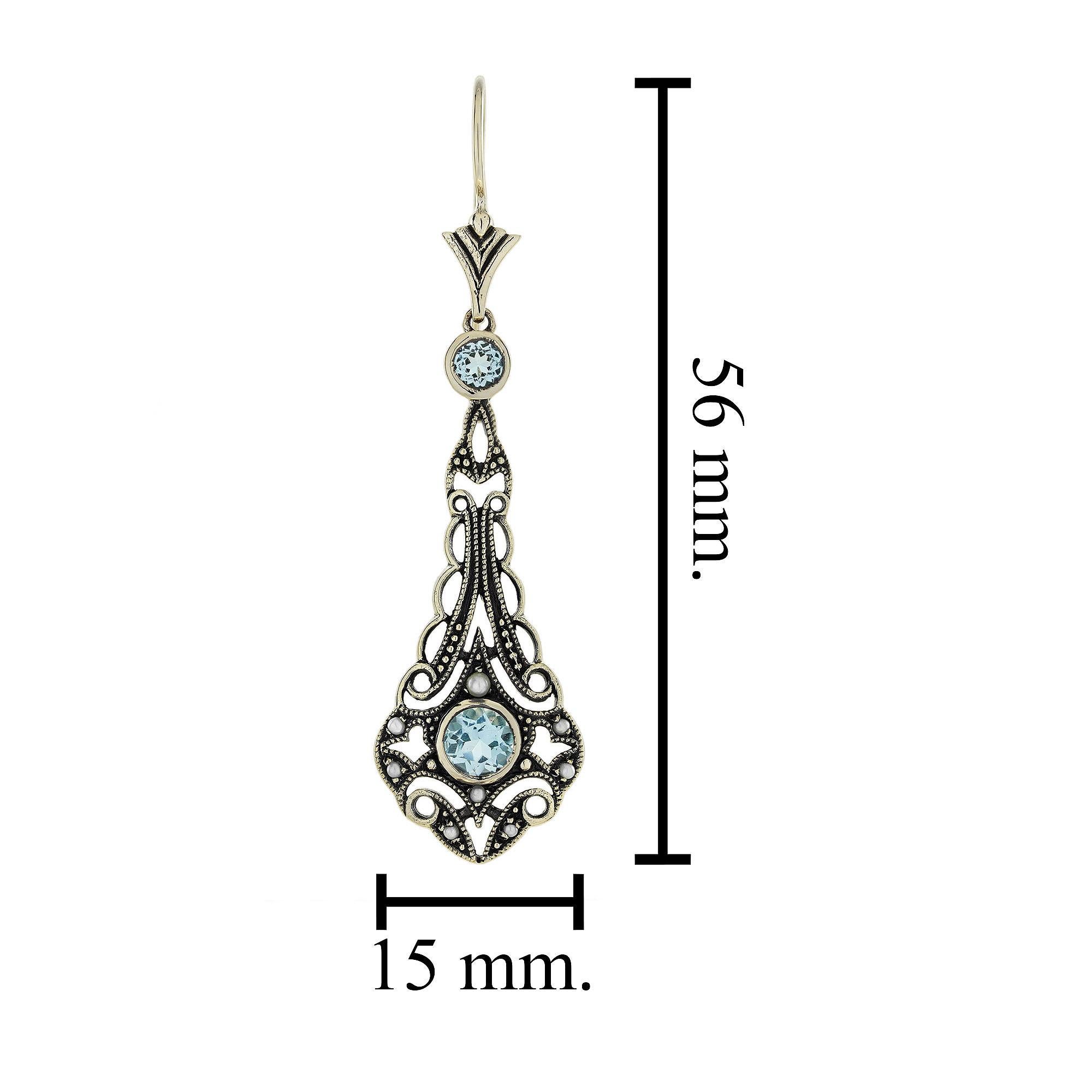 9K Yellow Gold Blue Topaz and Pearl Vintage Style Filigree Drop Earrings For Sale 3