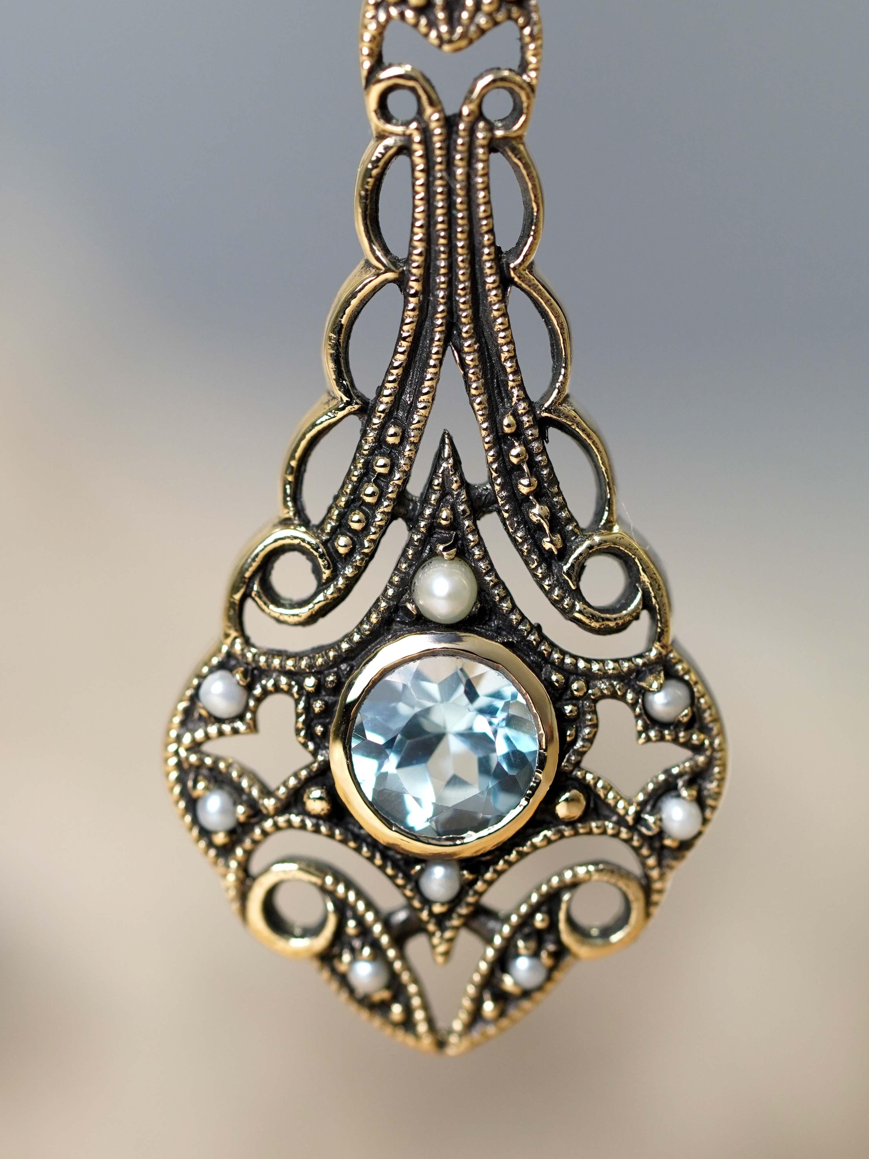 Women's 9K Yellow Gold Blue Topaz and Pearl Vintage Style Filigree Drop Earrings For Sale