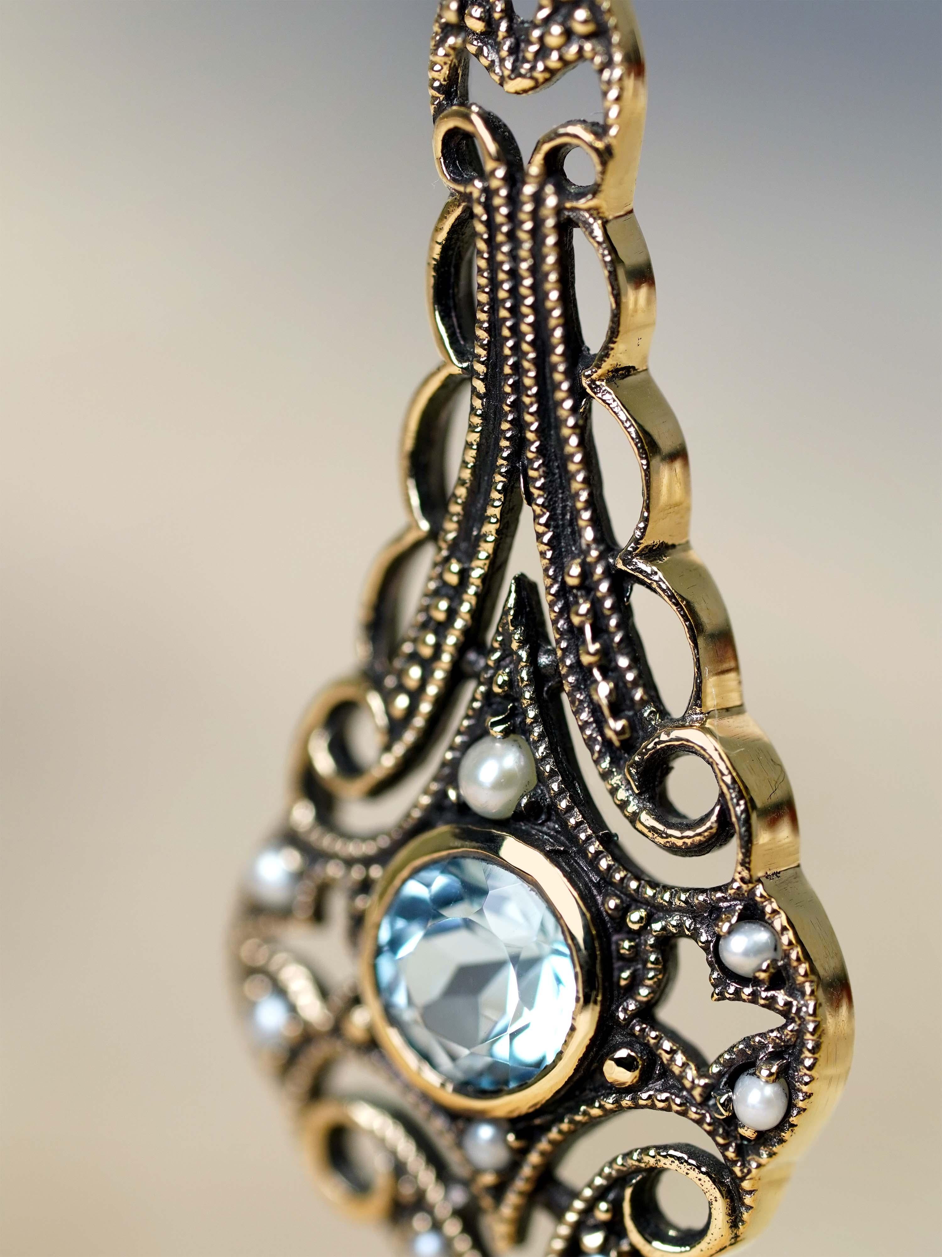 9K Yellow Gold Blue Topaz and Pearl Vintage Style Filigree Drop Earrings For Sale 1