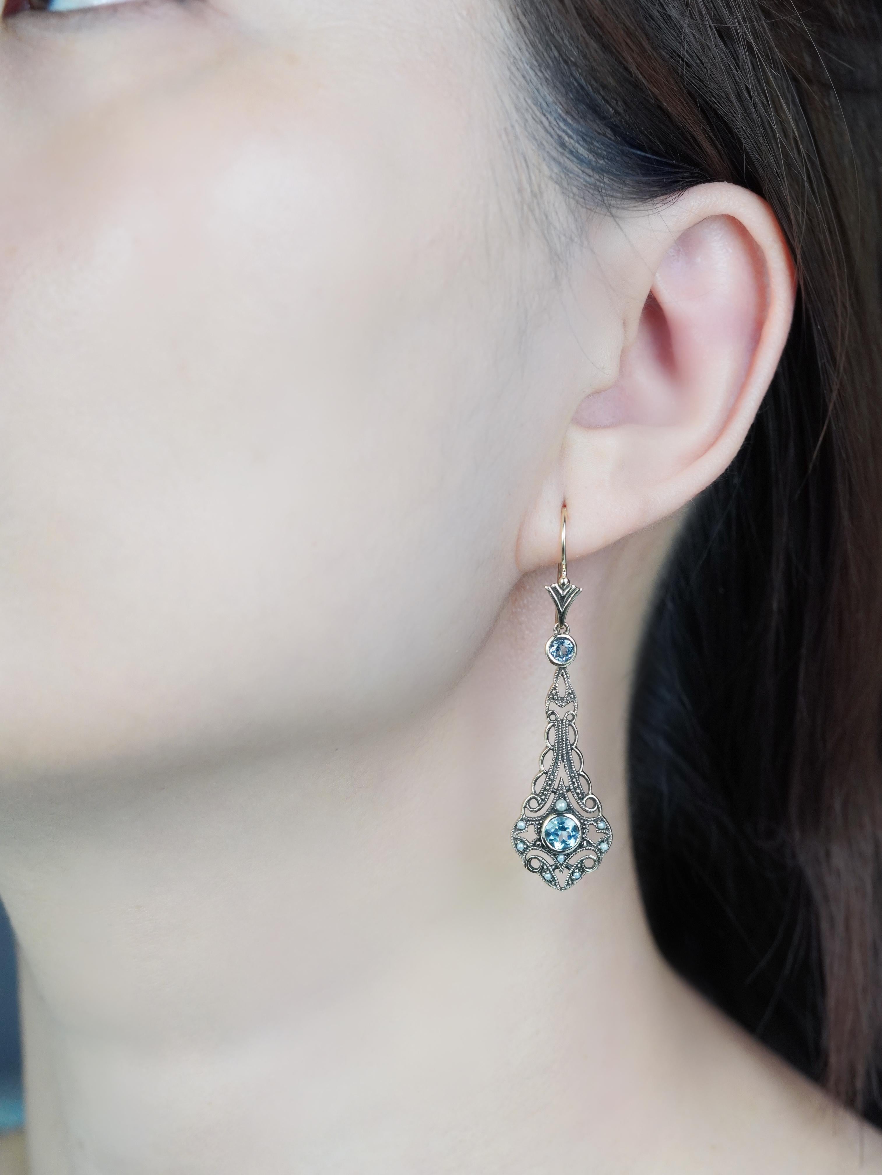 9K Yellow Gold Blue Topaz and Pearl Vintage Style Filigree Drop Earrings For Sale 2