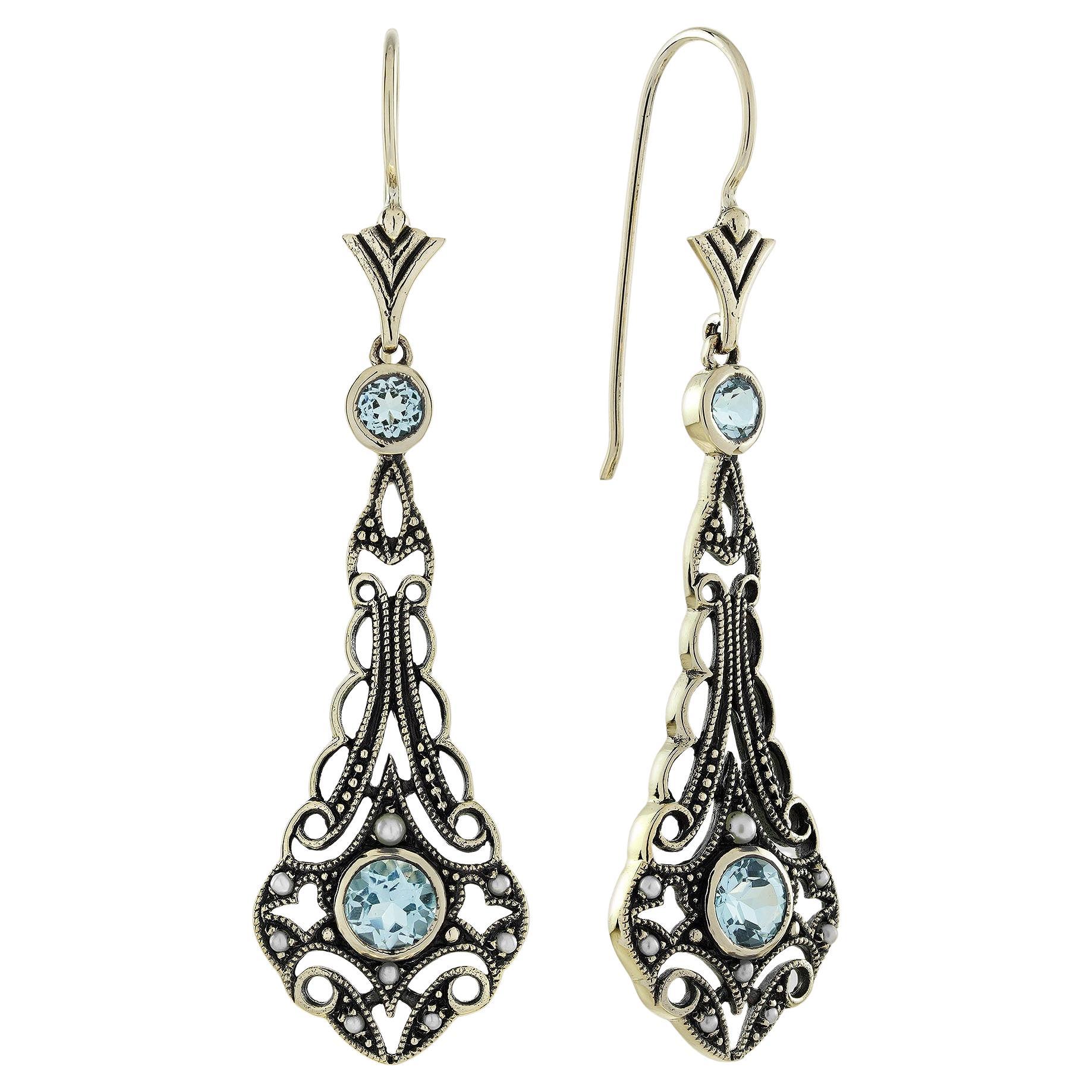 Orecchini a goccia in filigrana in oro giallo 10K con topazio blu e perle in stile vintage