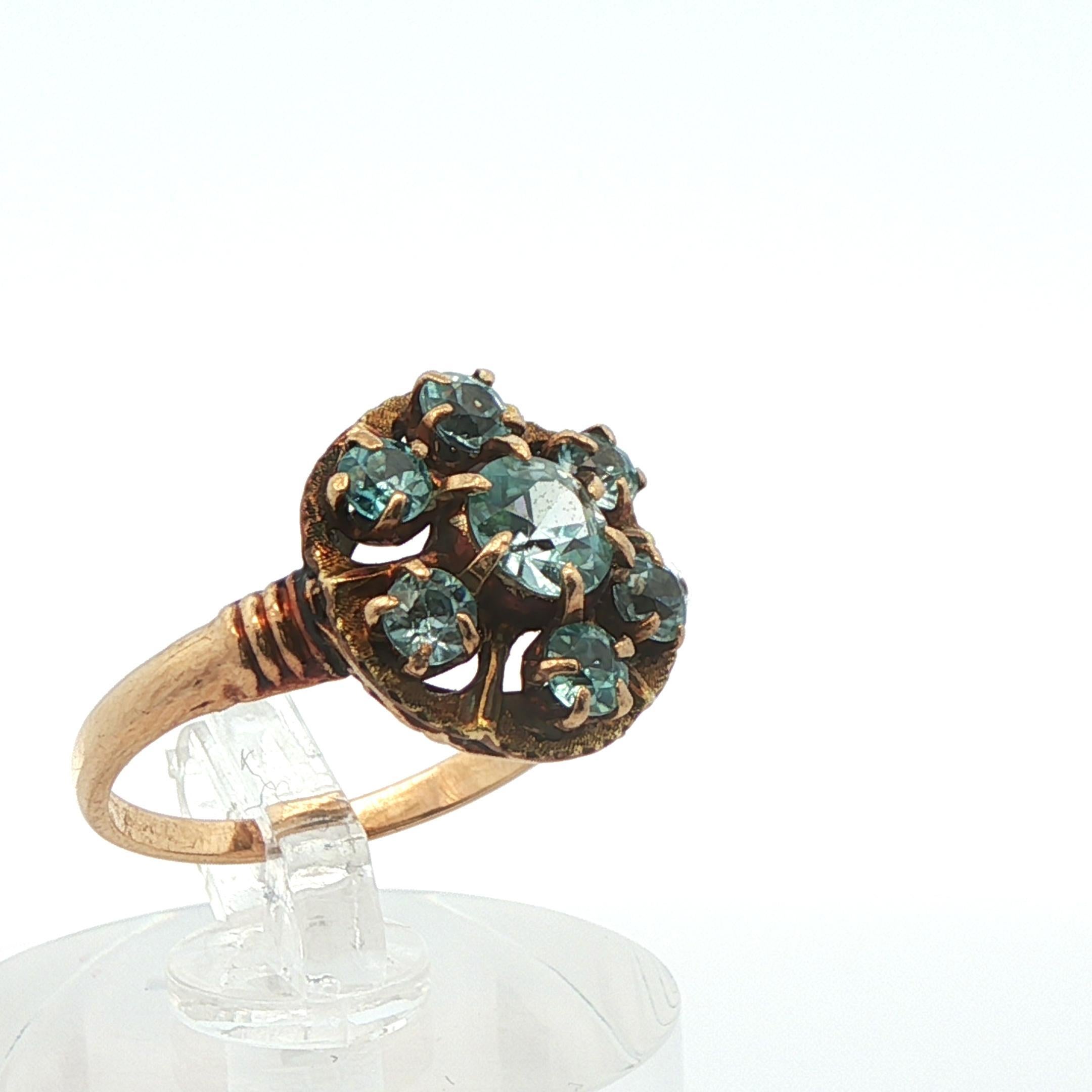10k Gelbgold Blauer Zirkon Cluster Ring 1890 Viktorianisch (Rundschliff) im Angebot