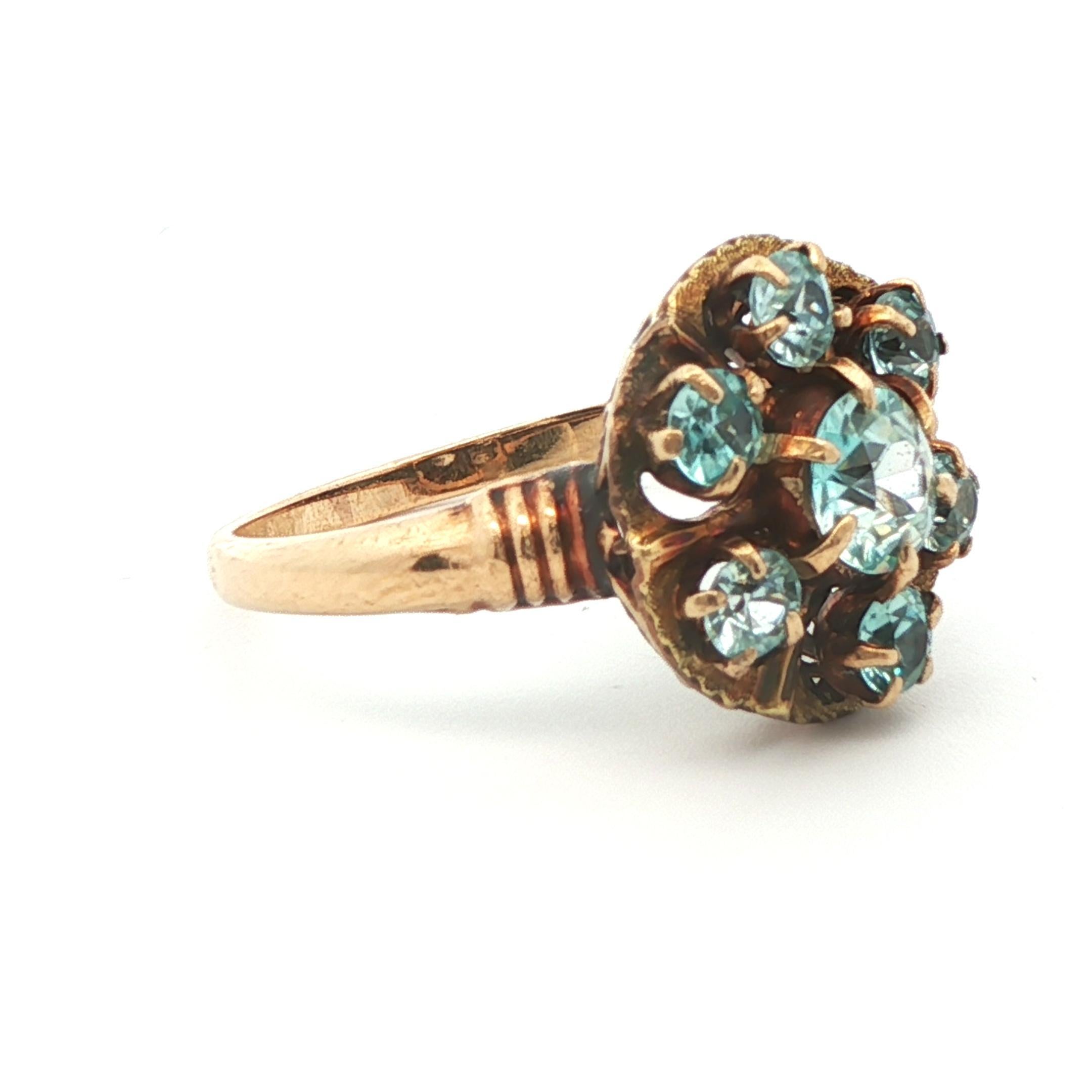 10k Gelbgold Blauer Zirkon Cluster Ring 1890 Viktorianisch im Zustand „Gut“ im Angebot in Lexington, KY