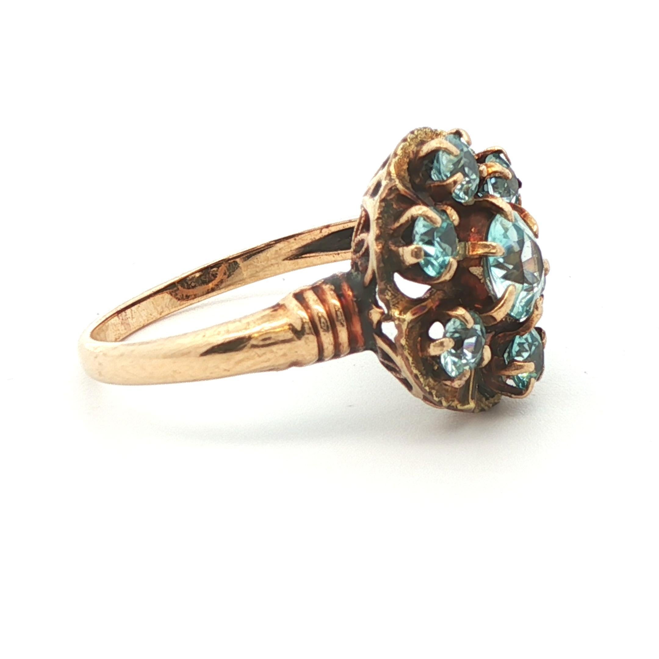 10k Gelbgold Blauer Zirkon Cluster Ring 1890 Viktorianisch Damen im Angebot