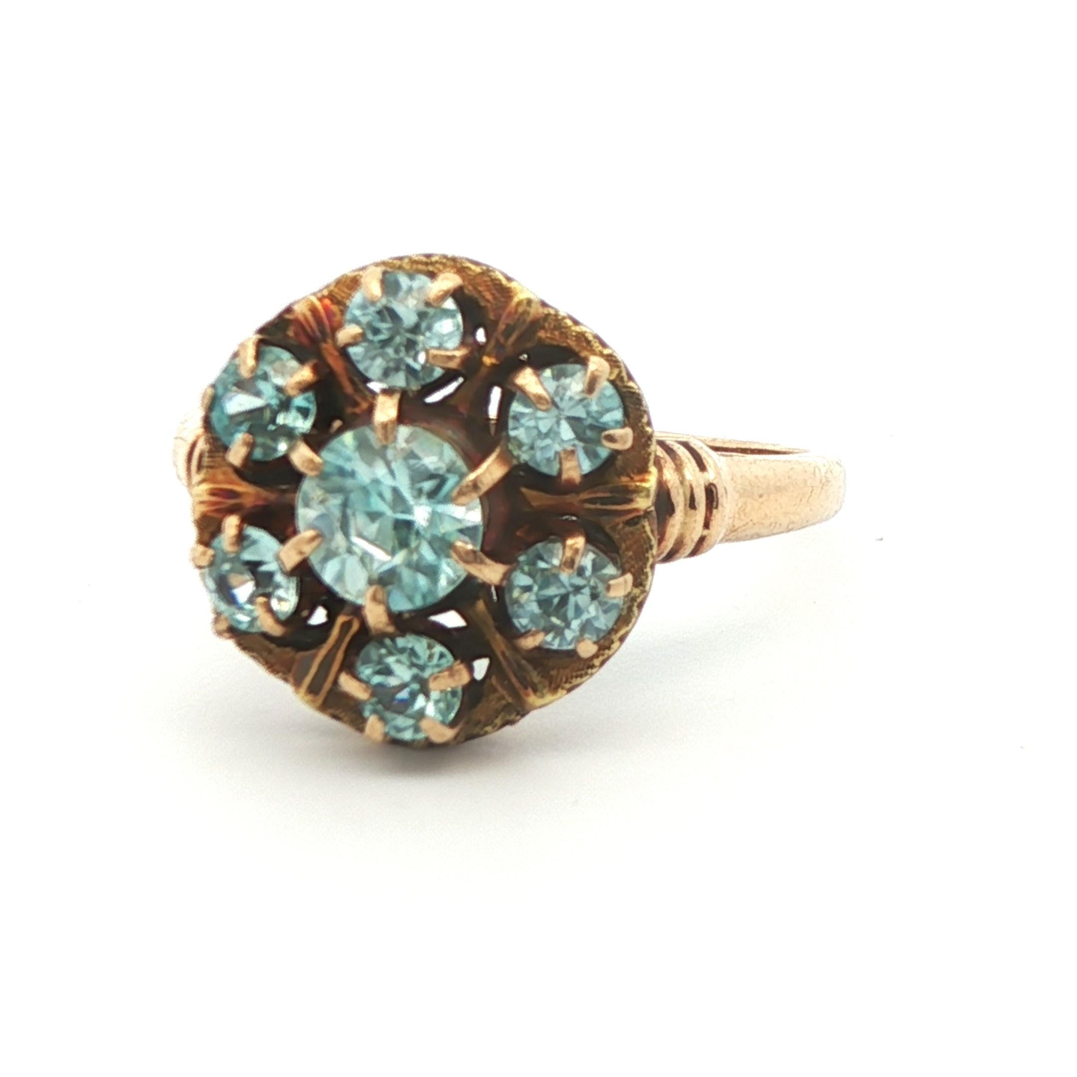 10k Gelbgold Blauer Zirkon Cluster Ring 1890 Viktorianisch im Angebot 1