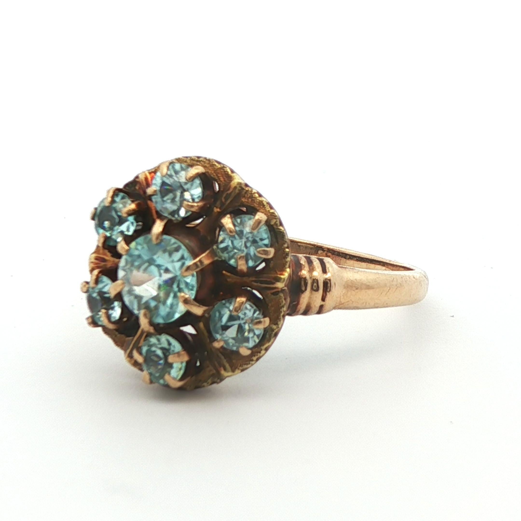10k Gelbgold Blauer Zirkon Cluster Ring 1890 Viktorianisch im Angebot 2