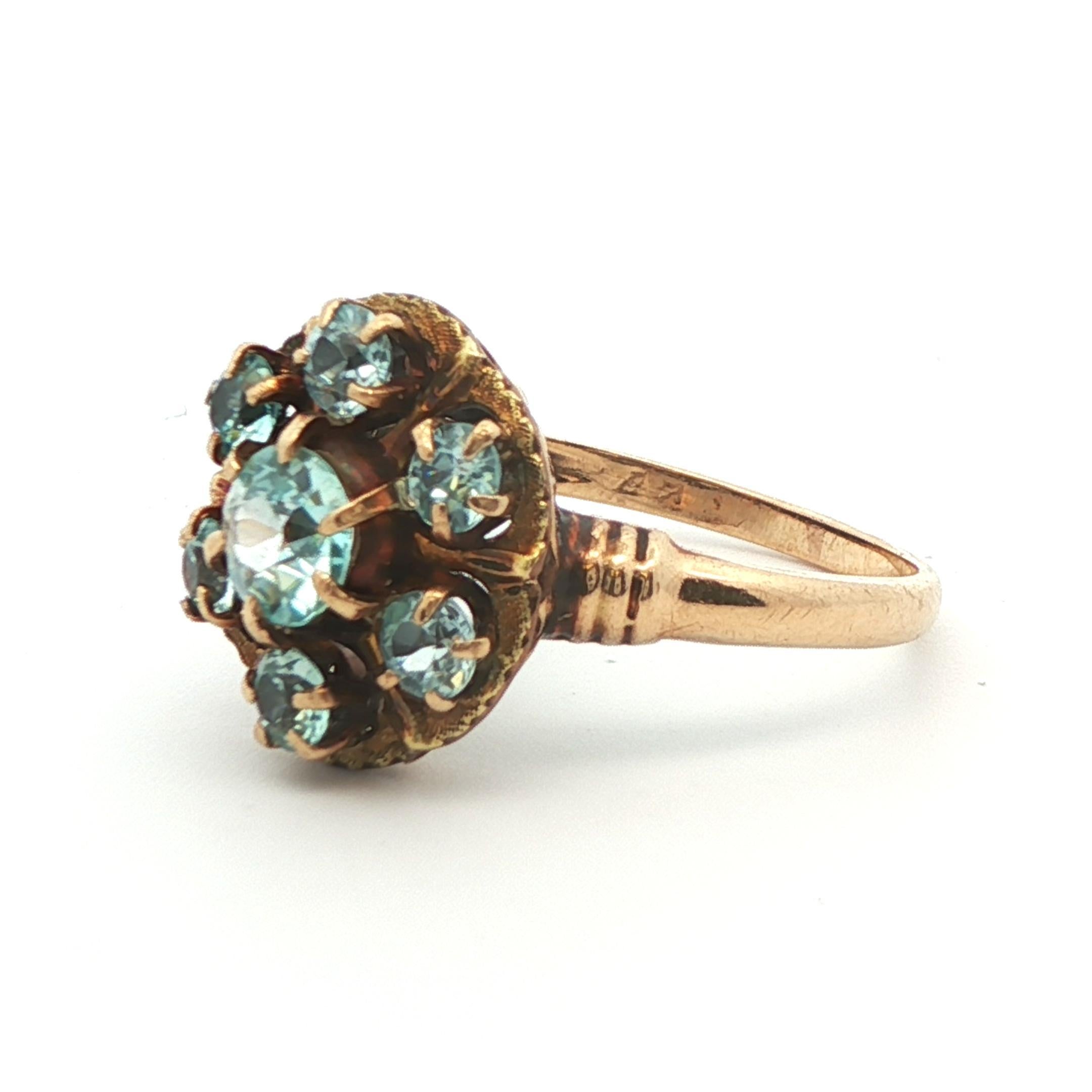 10k Gelbgold Blauer Zirkon Cluster Ring 1890 Viktorianisch im Angebot 4
