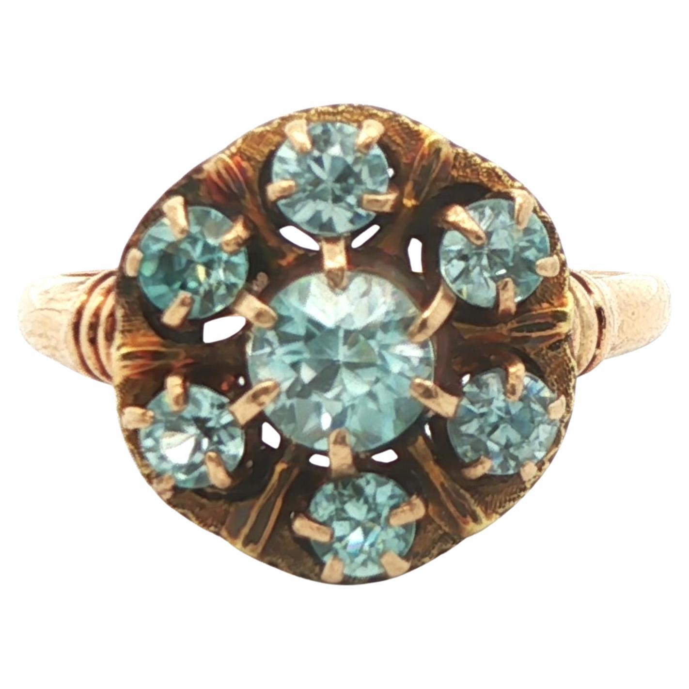 10k Gelbgold Blauer Zirkon Cluster Ring 1890 Viktorianisch