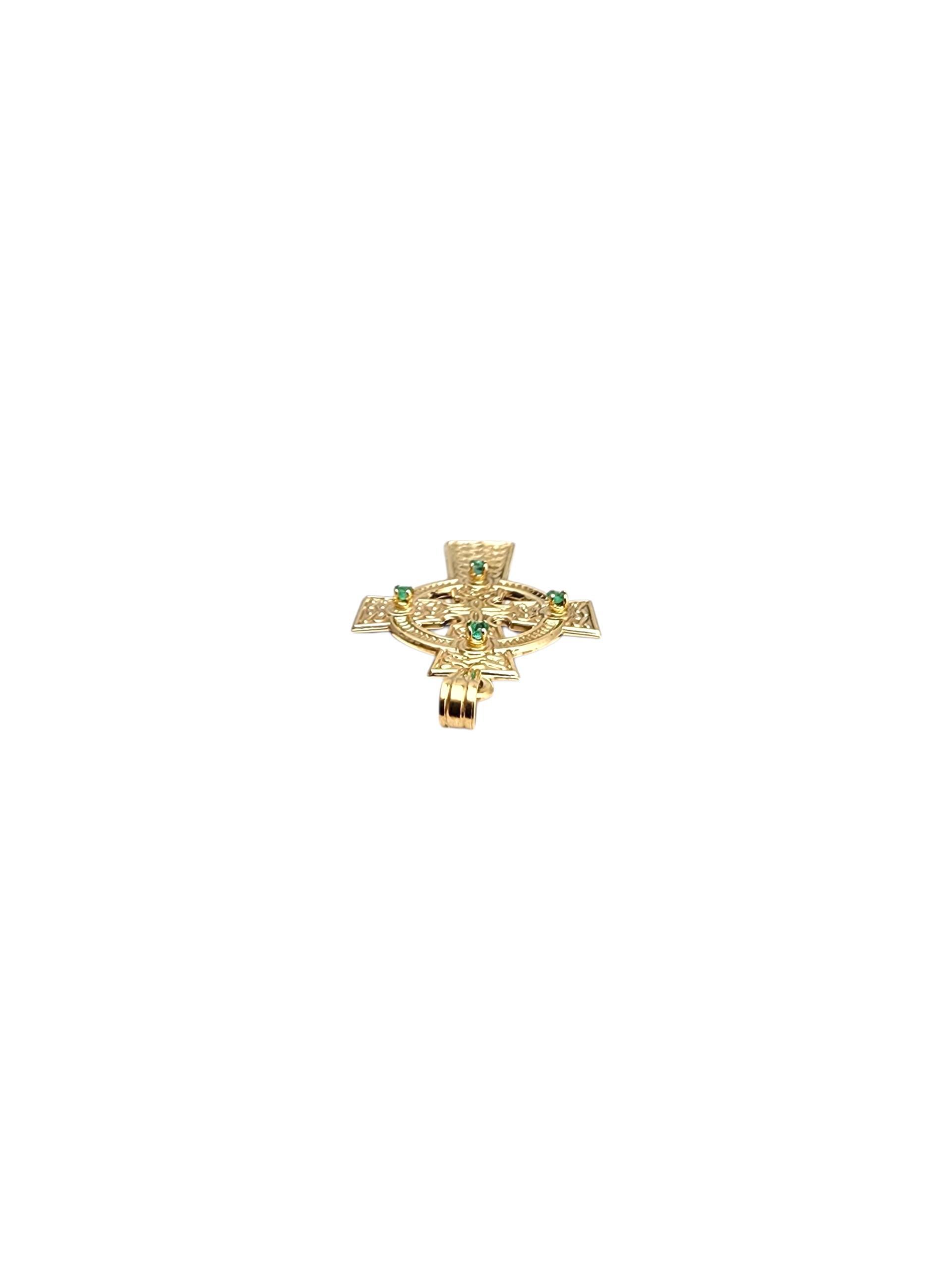 Women's 10K Yellow Gold Celtic Cross Pendant with Green Faceted Stones #22770 For Sale