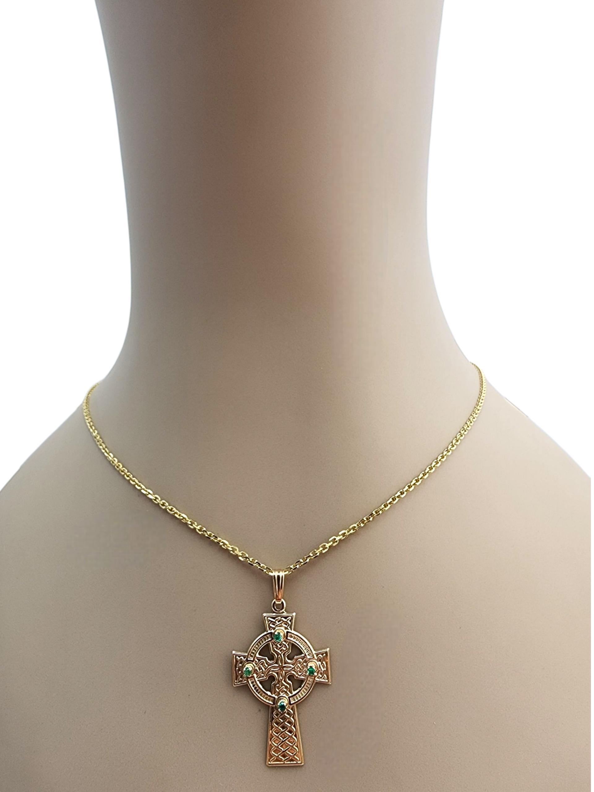 10K Yellow Gold Celtic Cross Pendant with Green Faceted Stones #22770 For Sale 4