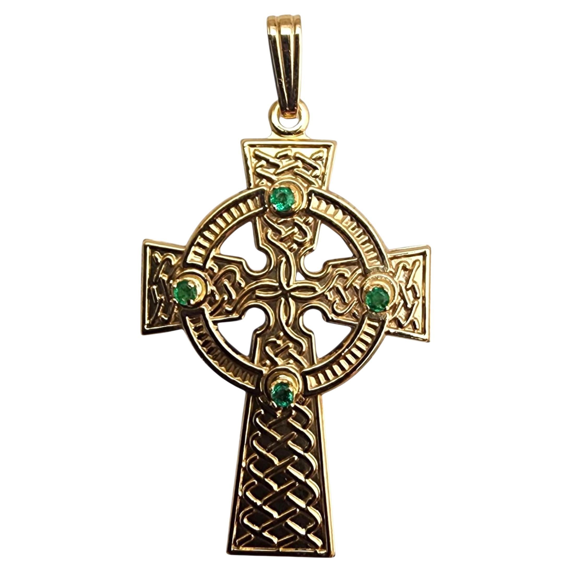 10K Yellow Gold Celtic Cross Pendant with Green Faceted Stones #22770