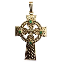 10K Yellow Gold Celtic Cross Pendant with Green Faceted Stones #22770
