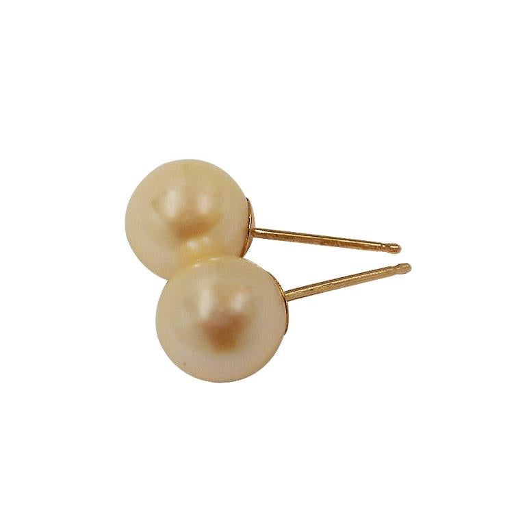 Uncut 10k Yellow Gold Cultured Akoya Pearl Stud Earrings For Sale