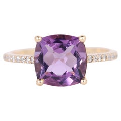 10K Yellow Gold Cushion Cut Purple Amethyst White Sapphire Ring Size 5.5