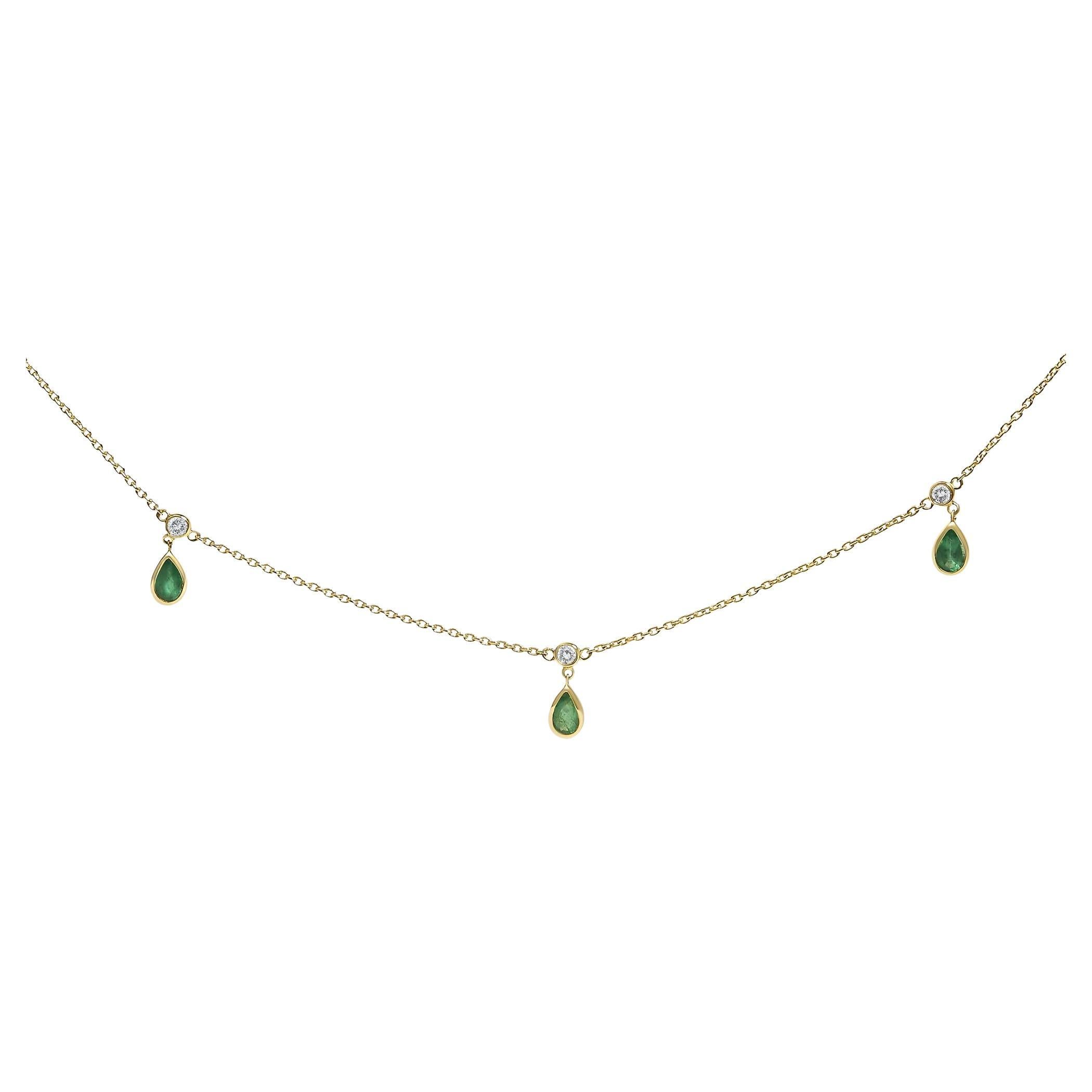 10K Yellow Gold Dangling 5x3 mm Green Emerald and Diamond Station Necklace