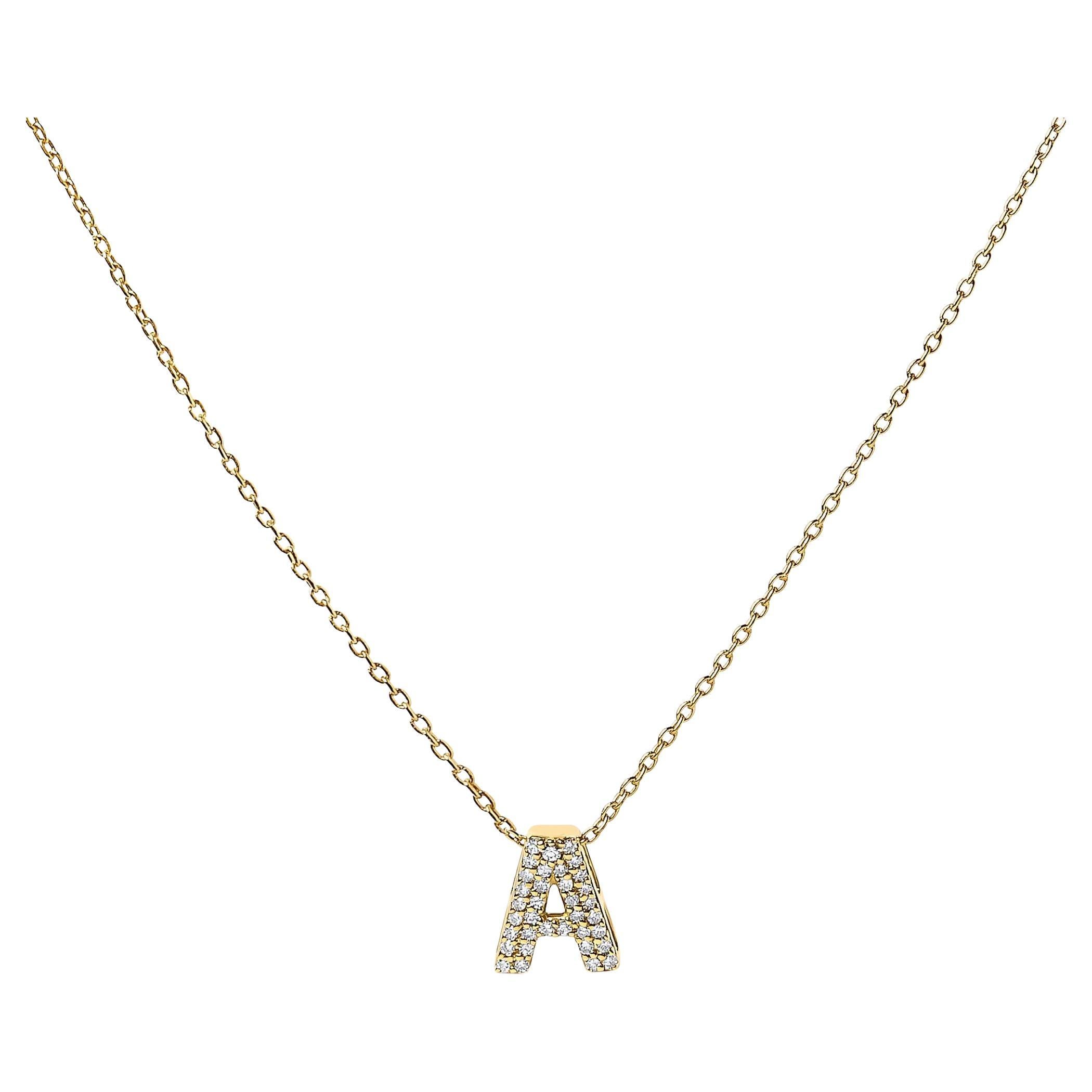 10K Yellow Gold Diamond Accent "A" Initial Bubble Pendant Necklace For Sale