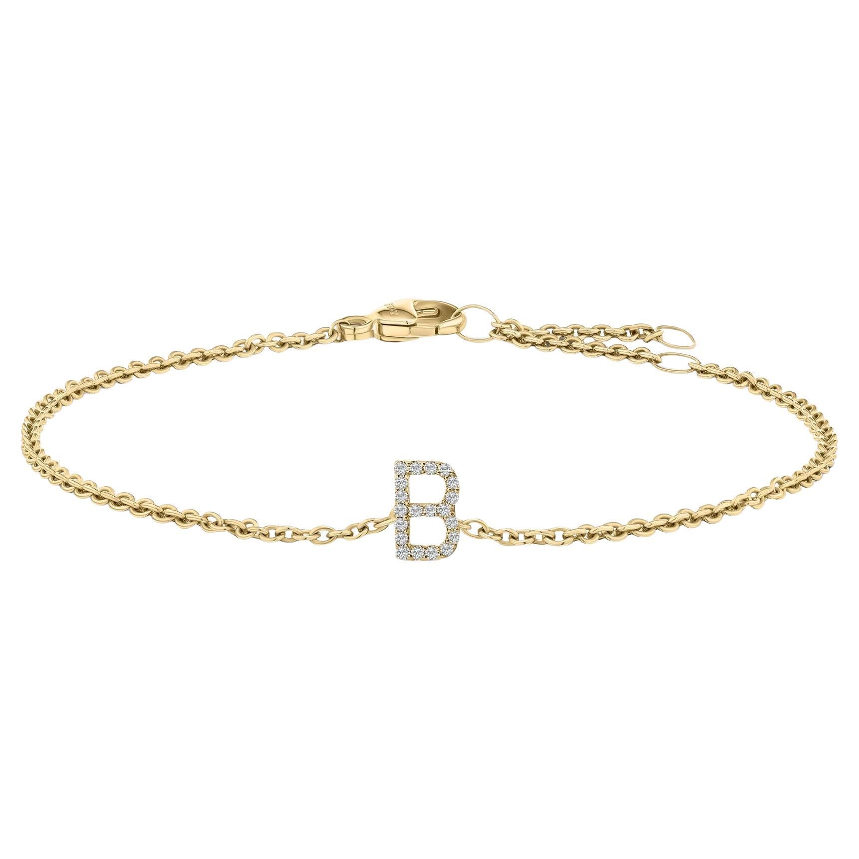 10K Yellow Gold Diamond Accent "B" Initial Charm and Link Bracelet For Sale