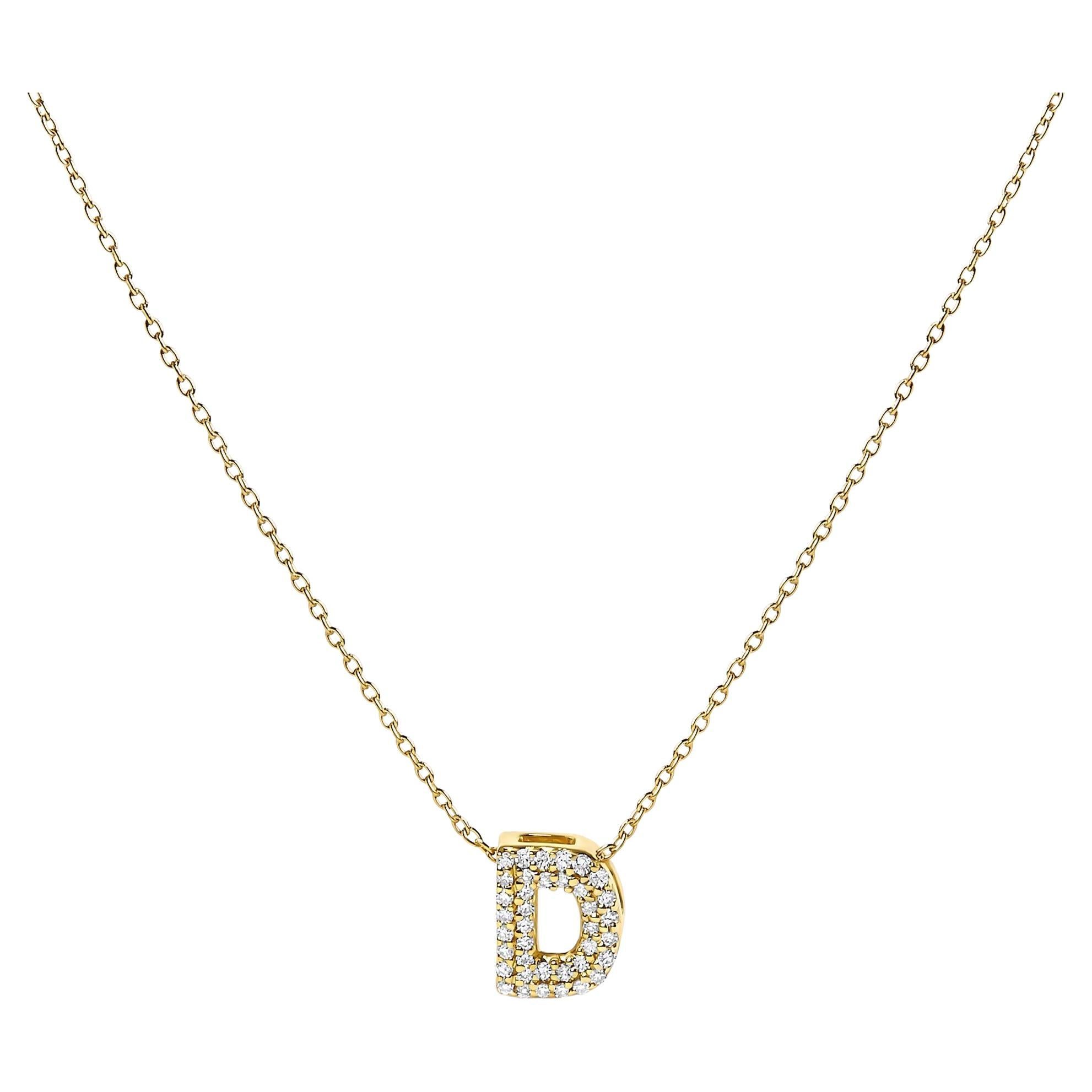 10K Yellow Gold Diamond Accent "D" Initial Bubble Pendant Necklace For Sale