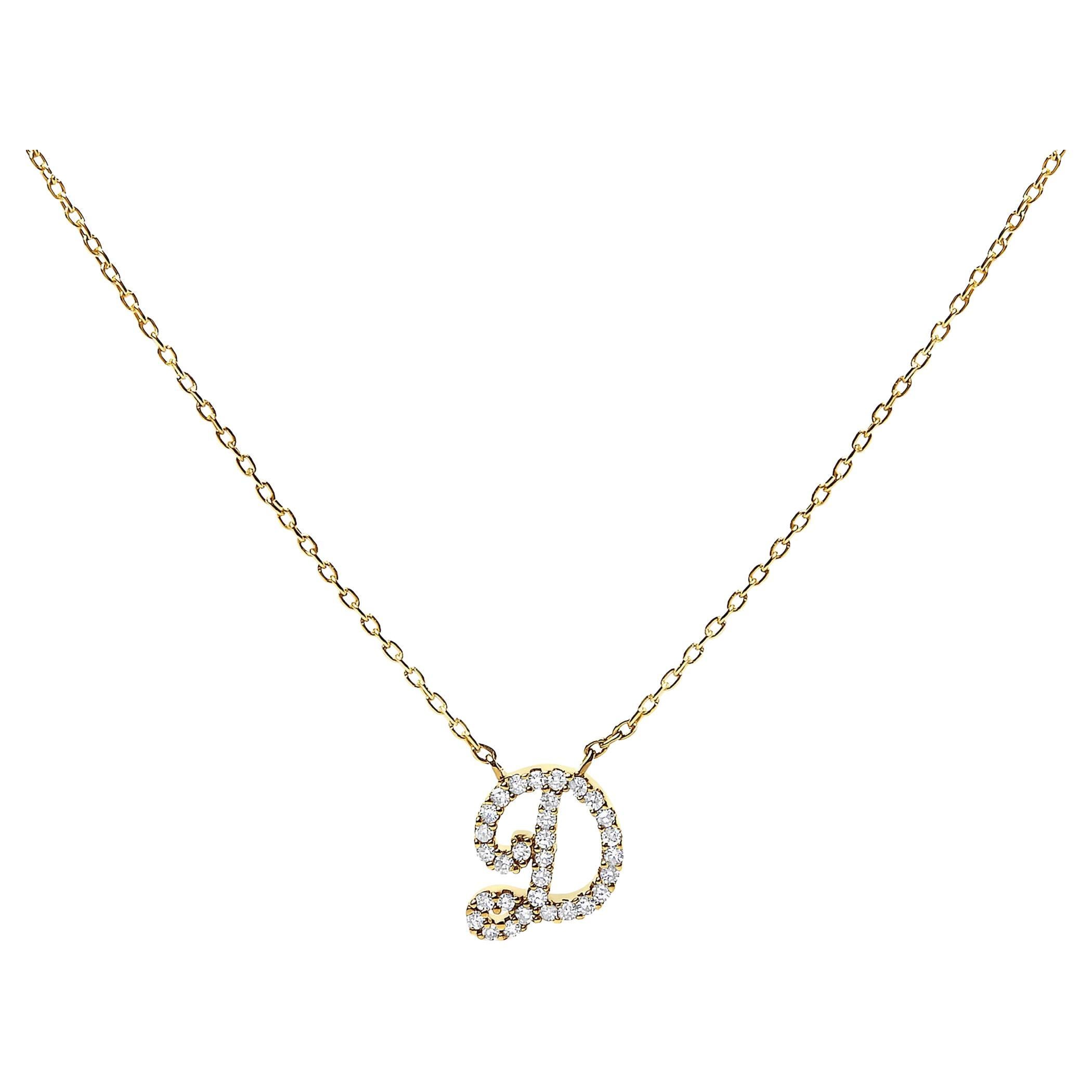 10K Yellow Gold Diamond Accent "D" Initial Script Style Pendant Necklace