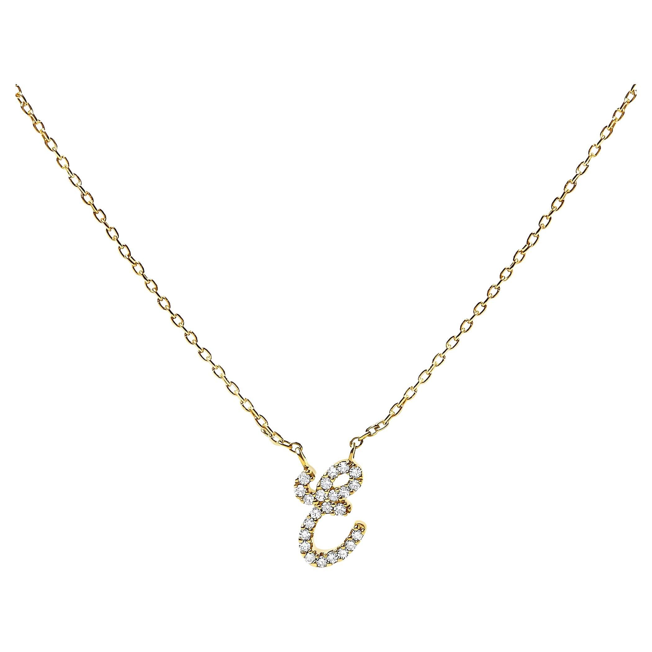 10K Yellow Gold Diamond Accent "E" Initial Script Style Pendant Necklace For Sale