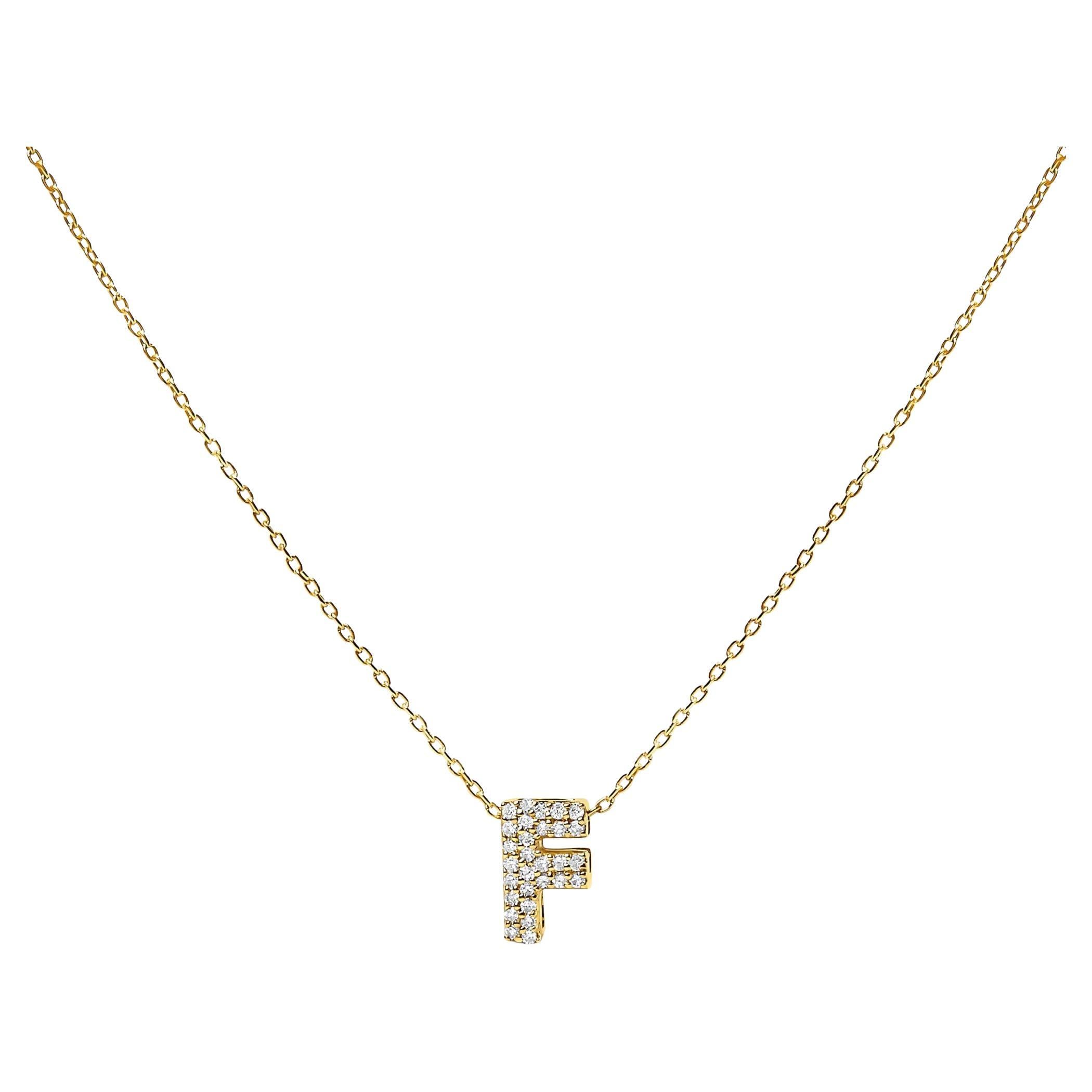 10K Yellow Gold Diamond Accent "F" Initial Bubble Pendant Necklace For Sale
