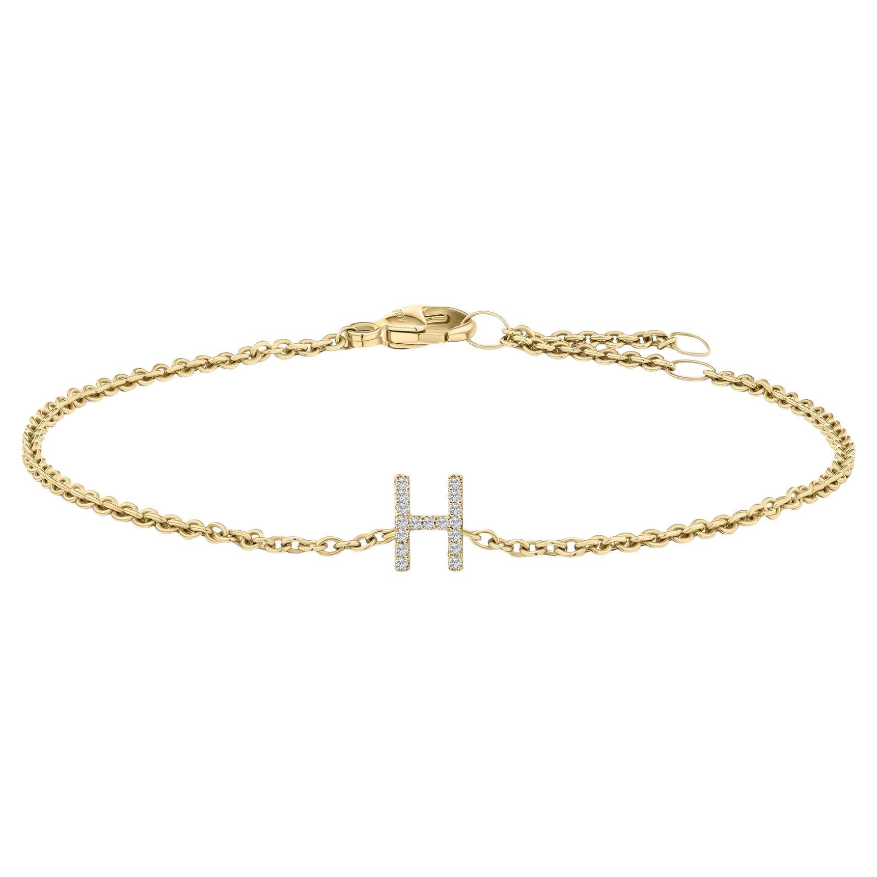 10K Yellow Gold Diamond Accent "H" Initial Charm and Link Bracelet For Sale