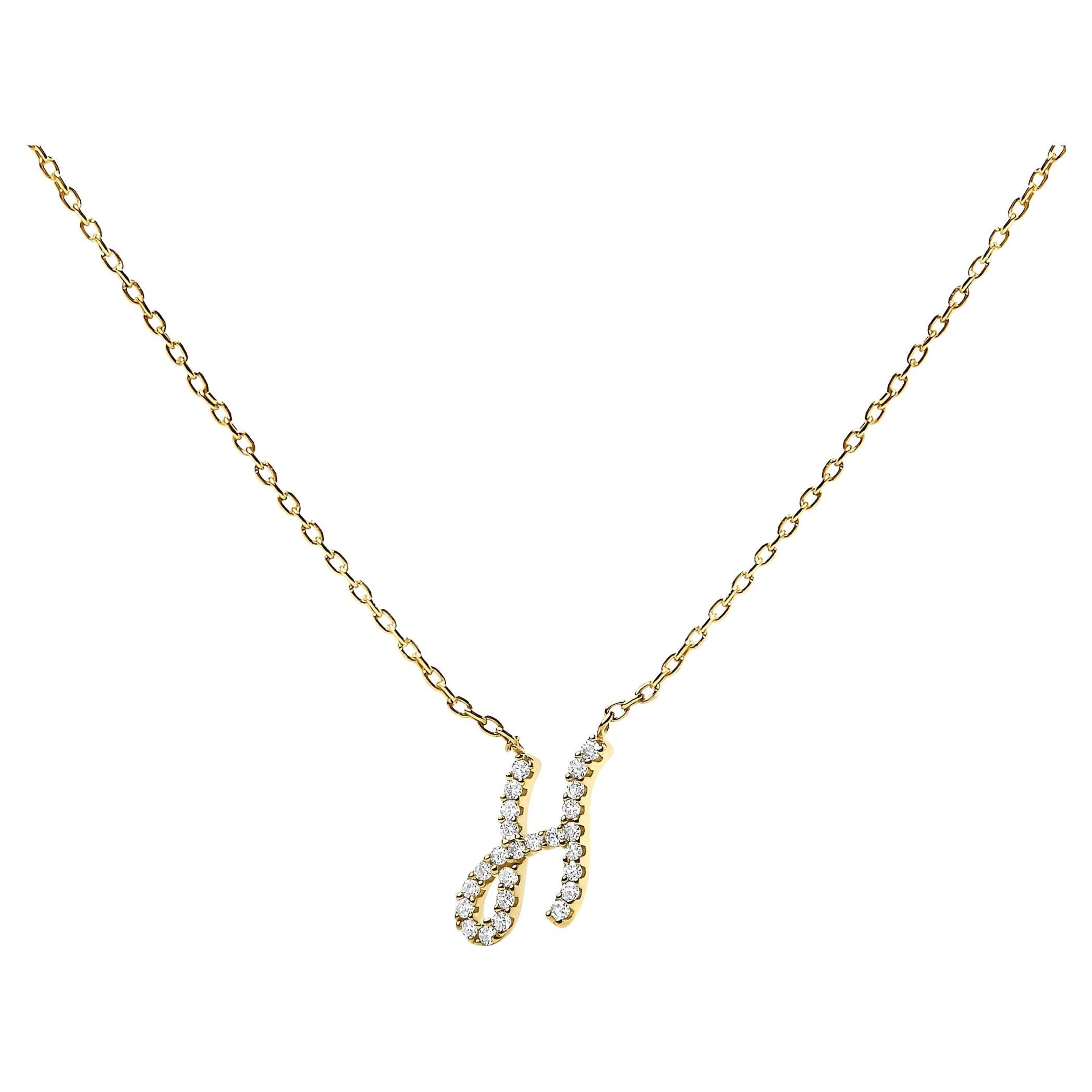10K Yellow Gold Diamond Accent "H" Initial Script Style Pendant Necklace