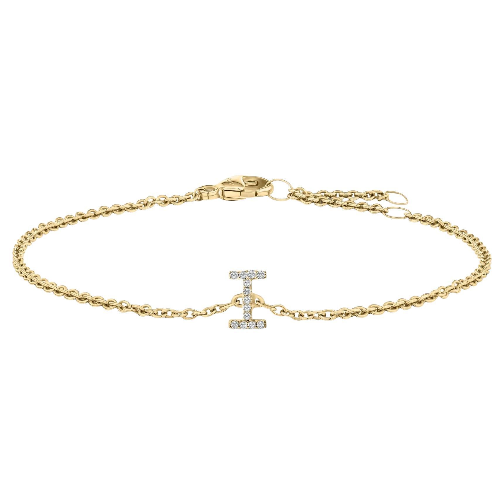 10K Yellow Gold Diamond Accent "I" Initial Charm and Link Bracelet
