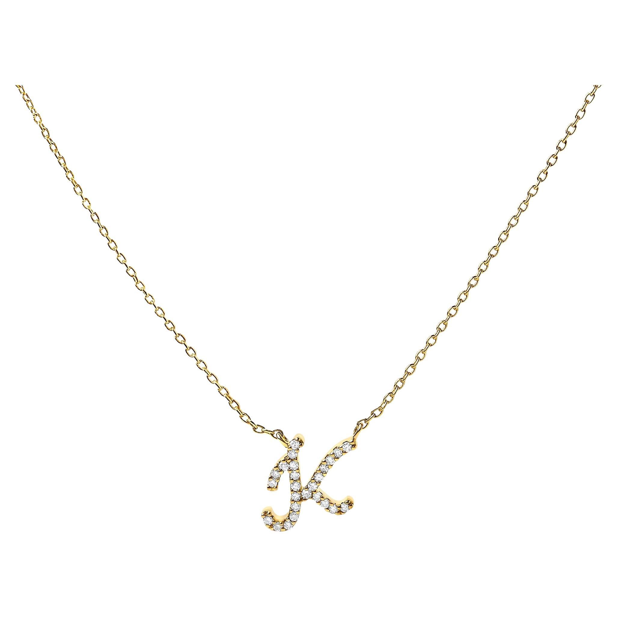 10K Yellow Gold Diamond Accent "K" Initial Script Style Pendant Necklace For Sale