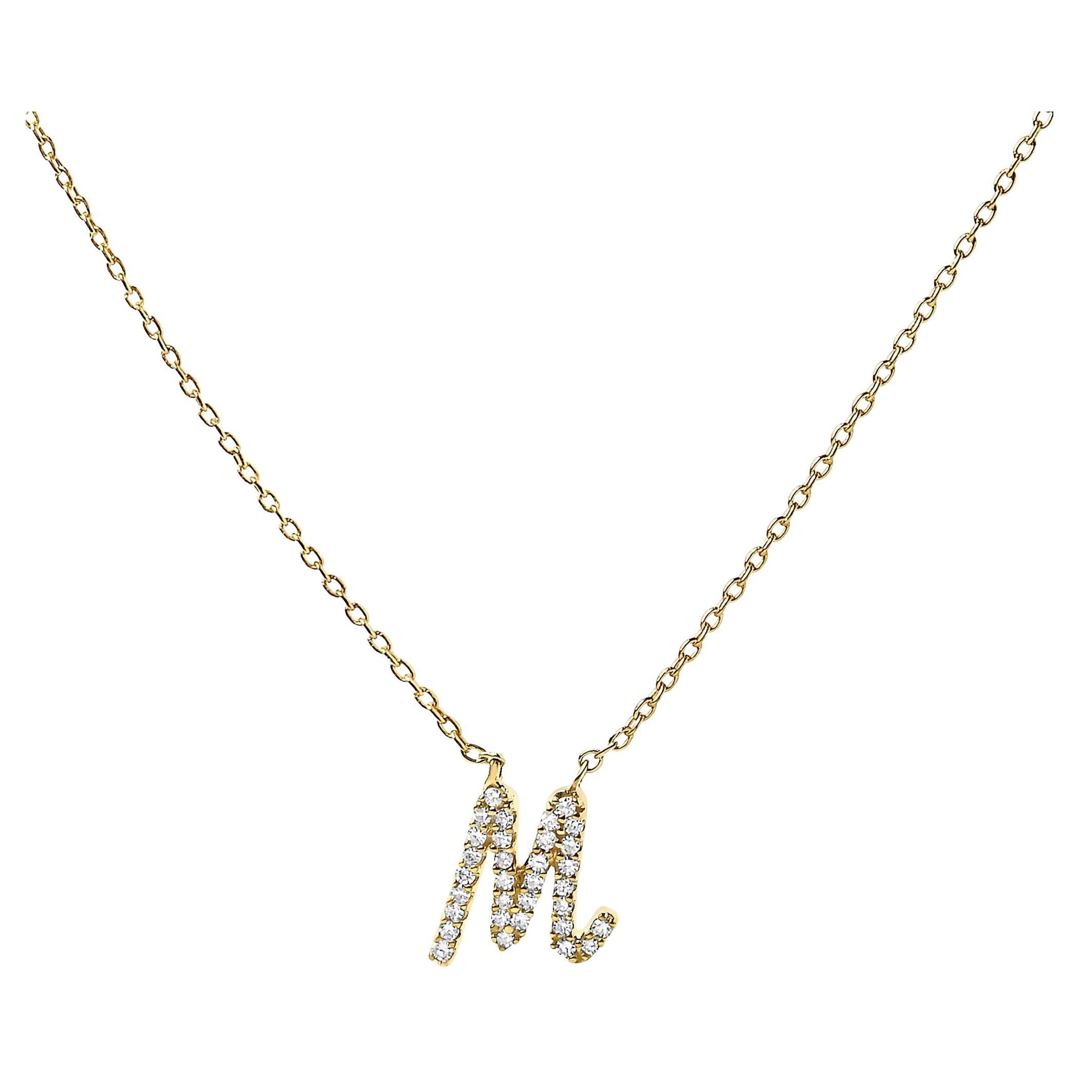 10K Yellow Gold Diamond Accent "M" Initial Script Style Pendant Necklace