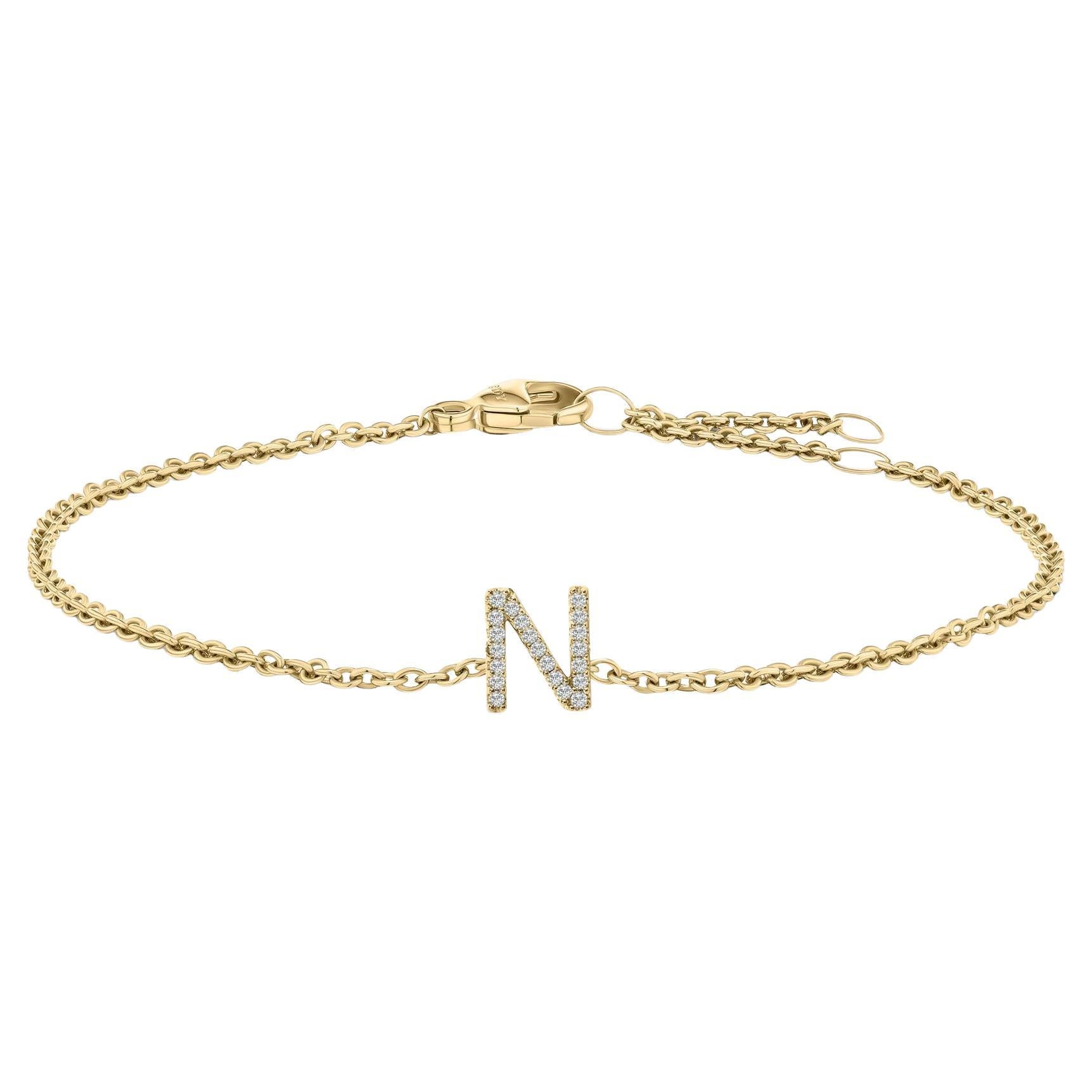 10K Yellow Gold Diamond Accent "N" Initial Charm and Link Bracelet For Sale